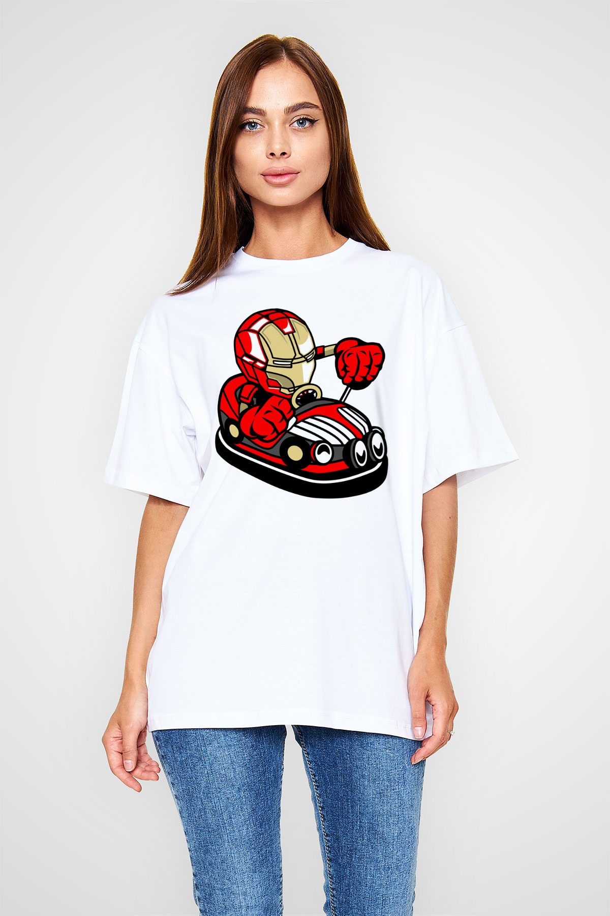 Iron Man Car Toy Baskılı Unisex Beyaz Oversize Tişört