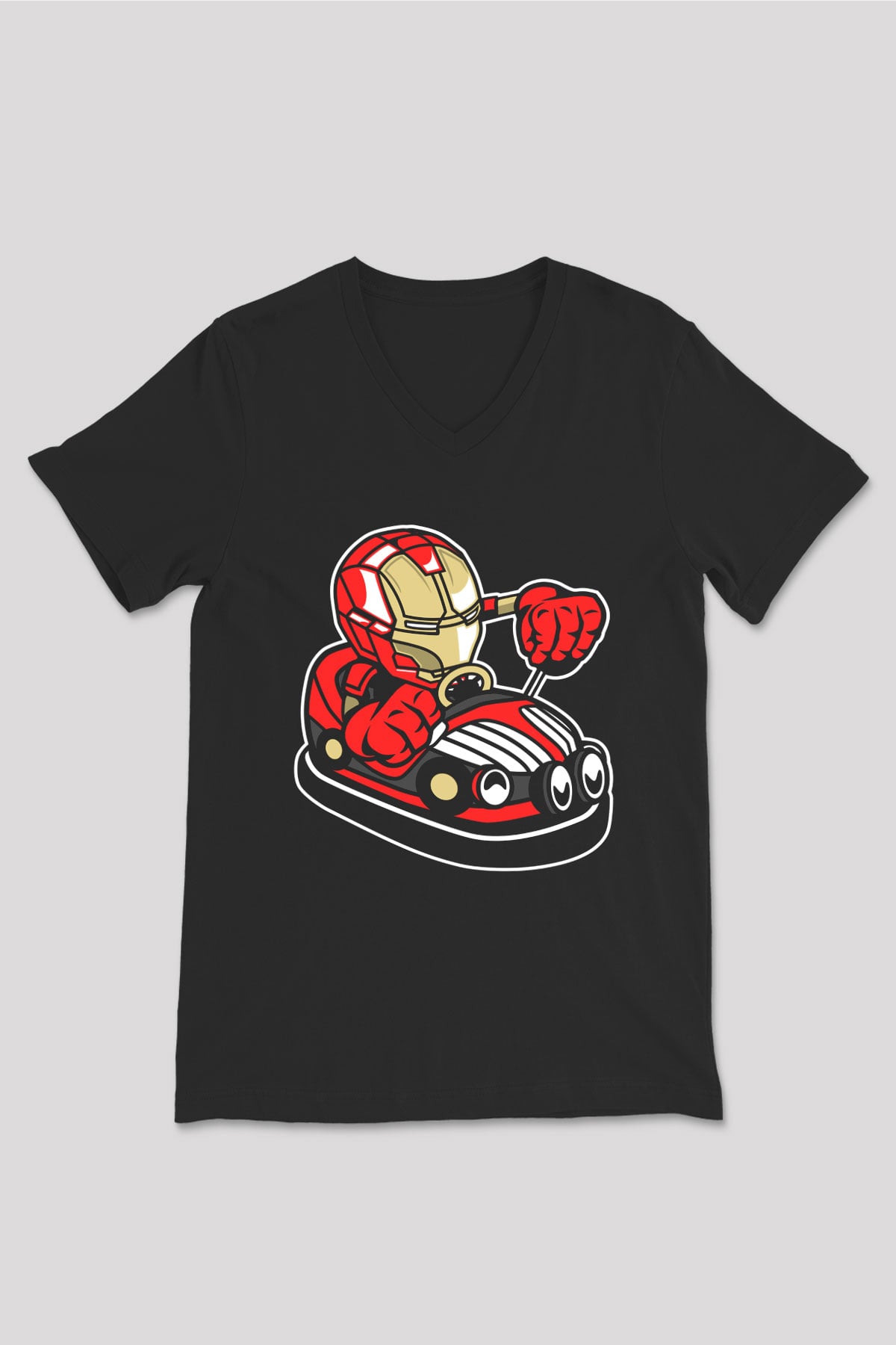 Iron Man Car Toy Baskılı Unisex Siyah V Yaka Tişört