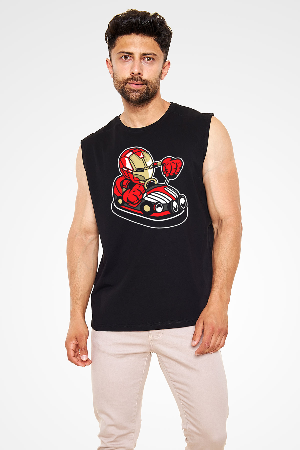 Iron Man Car Toy Baskılı Unisex Siyah Kolsuz Tişört