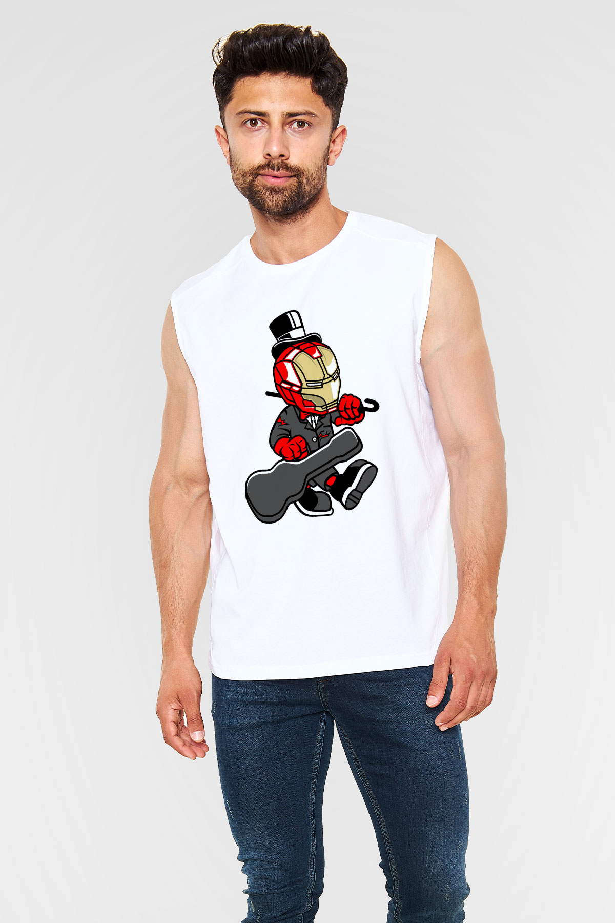 Iron Man Gentleman Baskılı Unisex Beyaz Kolsuz Tişört