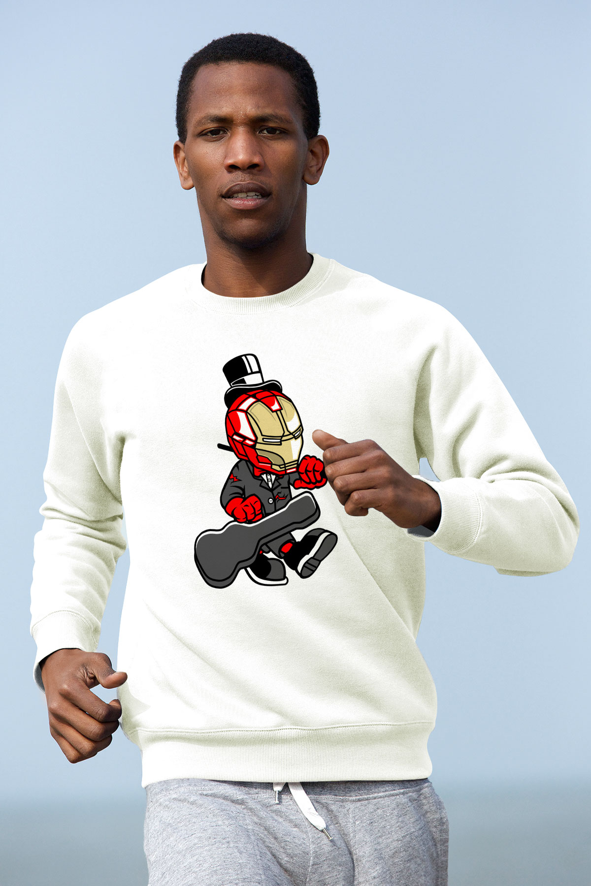 Iron Man Gentleman Baskılı Unisex Beyaz Sweatshirt