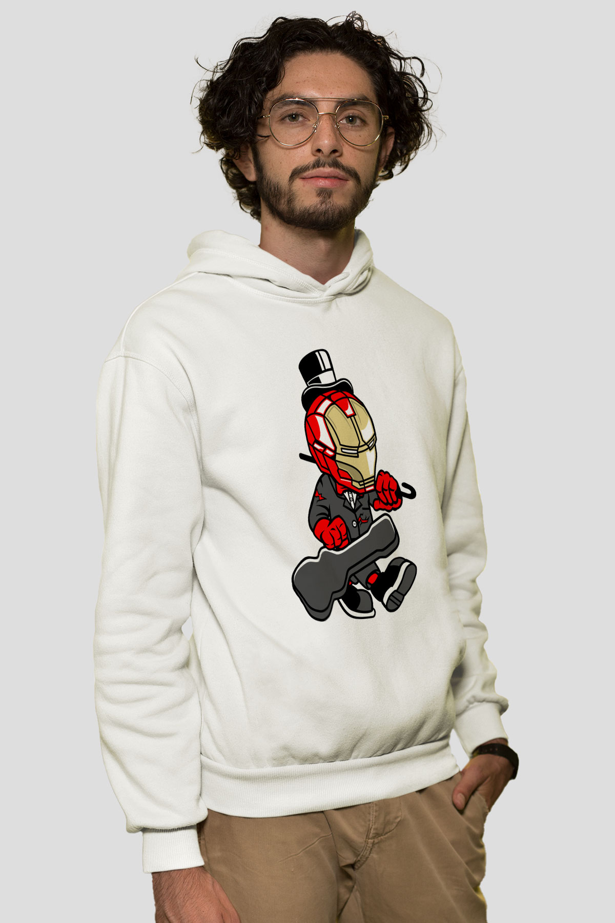 Iron Man Gentleman Baskılı Unisex Beyaz Hoodie