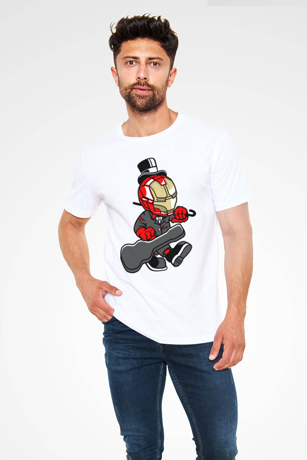 Iron Man Gentleman Baskılı Unisex Beyaz Tişört