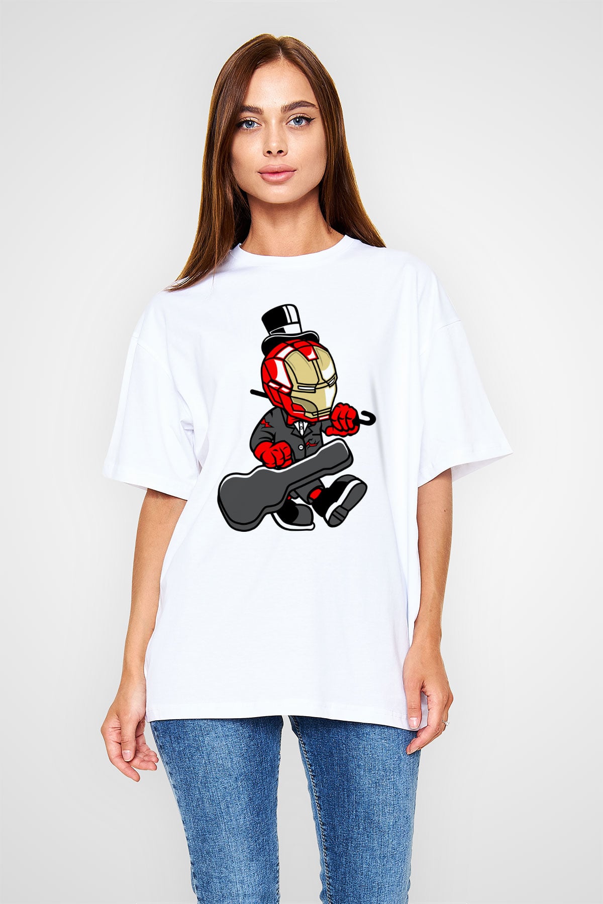 Iron Man Gentleman Baskılı Unisex Beyaz Oversize Tişört