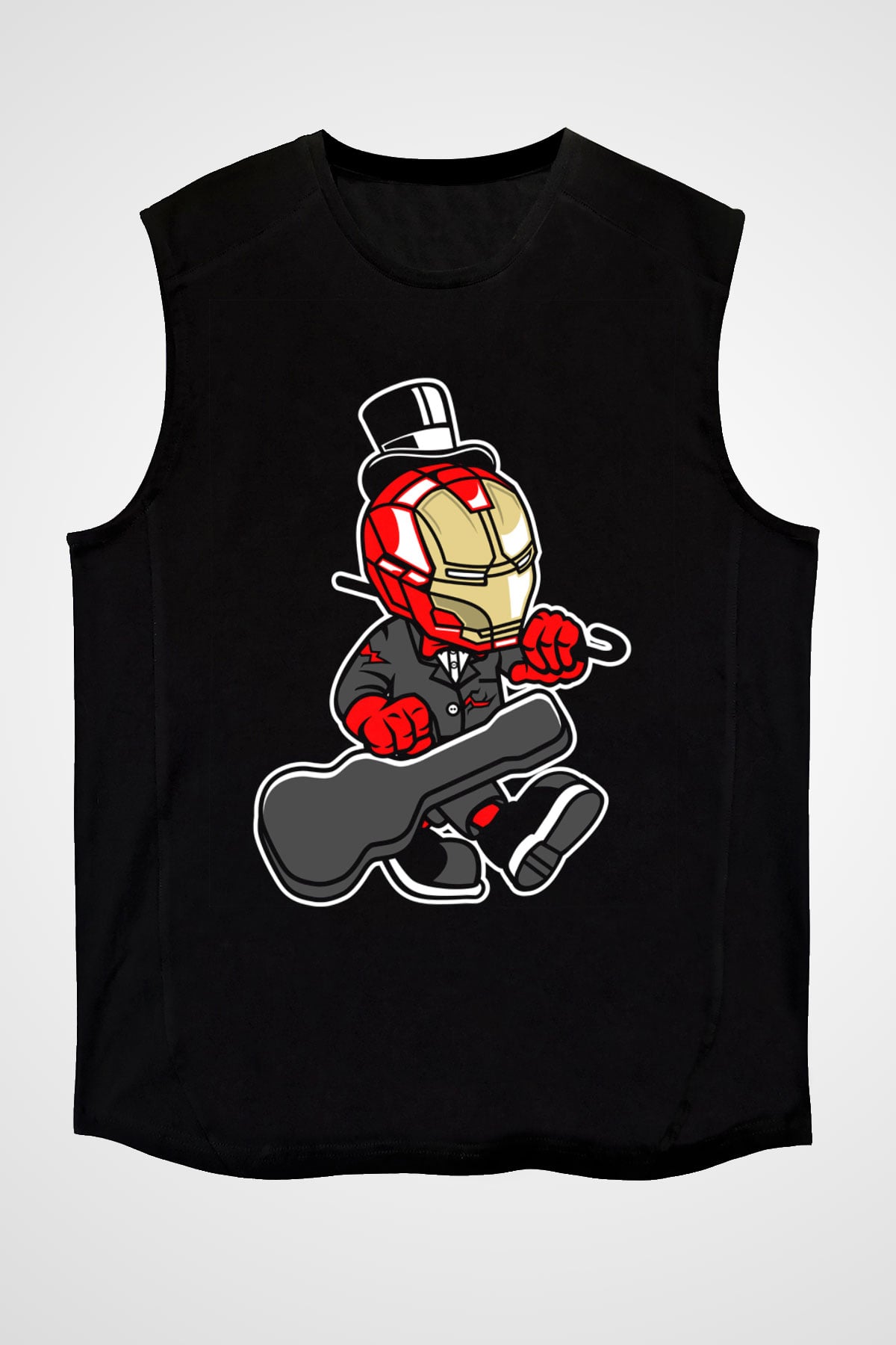 Iron Man Gentleman Baskılı Unisex Siyah Kolsuz Tişört