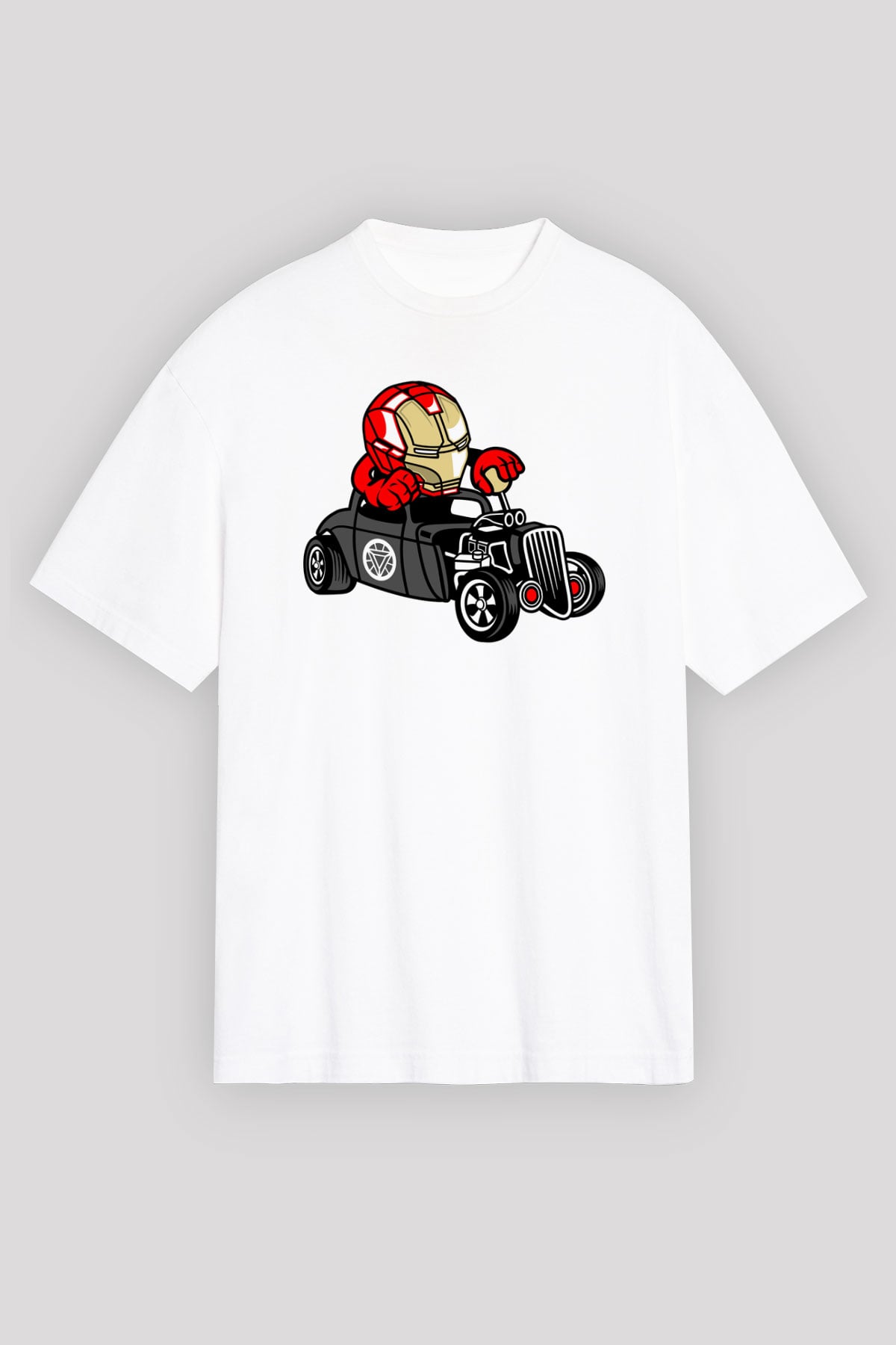 Iron Man Hotrod Baskılı Unisex Beyaz Oversize Tişört