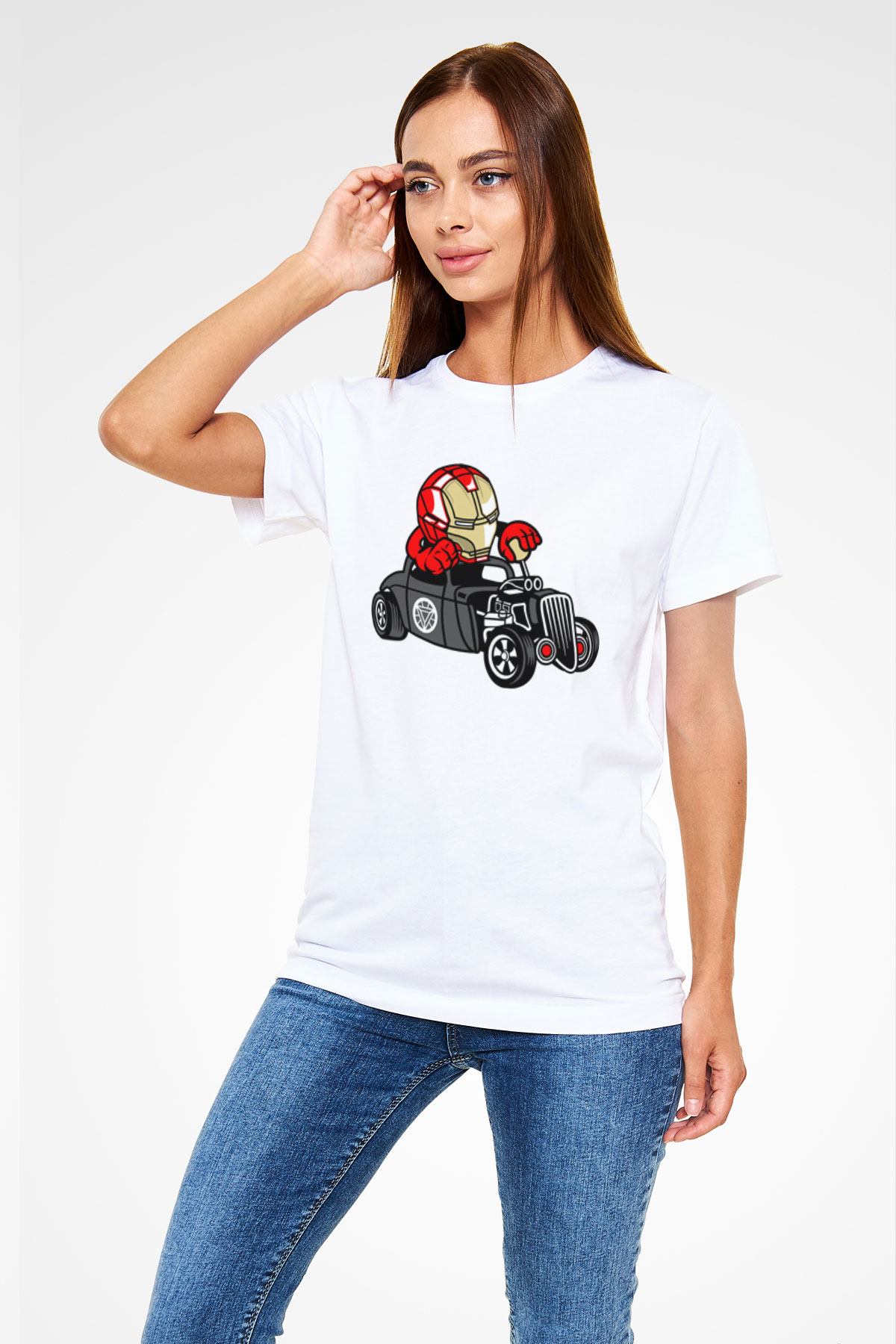 Iron Man Hotrod Baskılı Unisex Beyaz Tişört