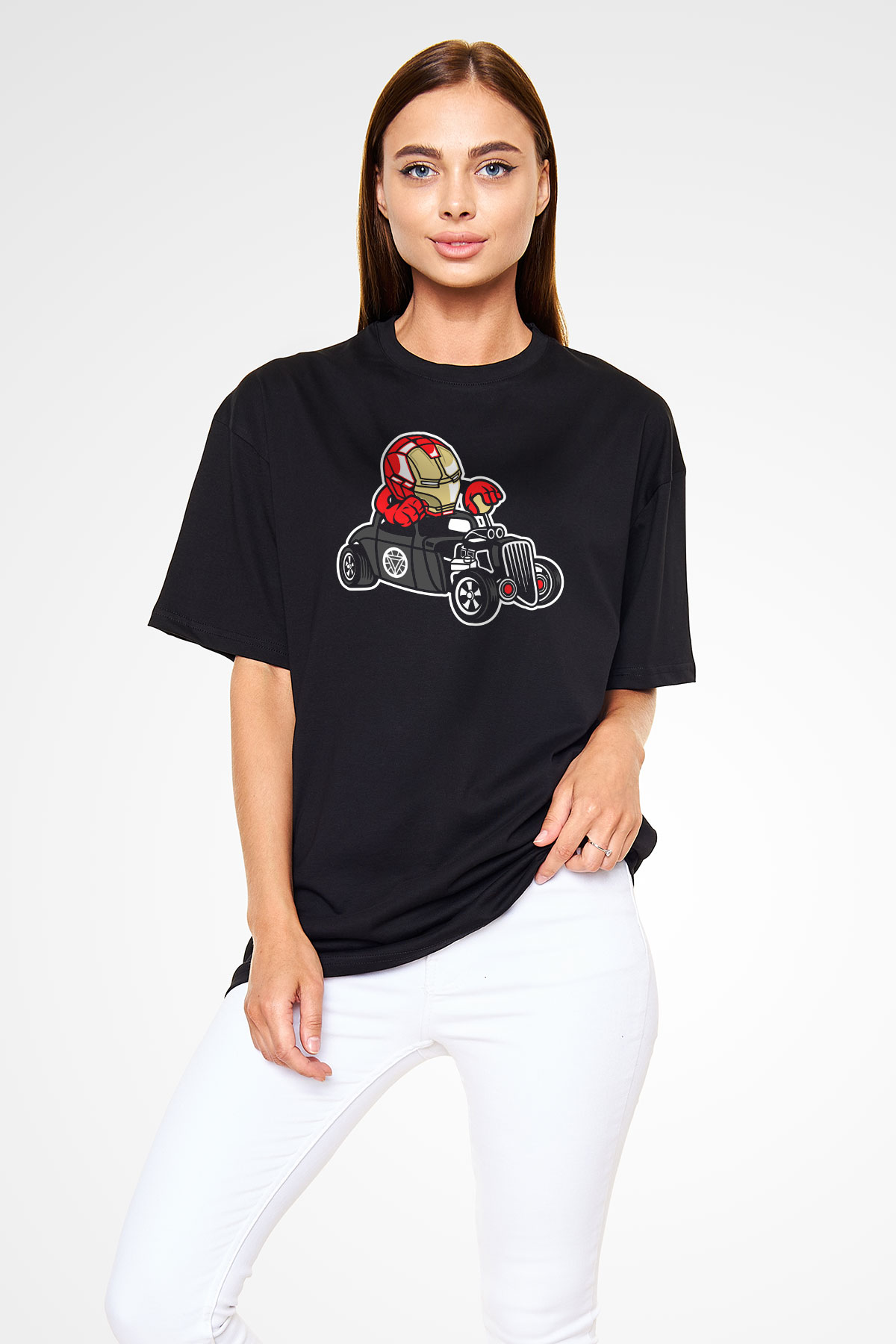 Iron Man Hotrod Baskılı Unisex Siyah Oversize Tişört