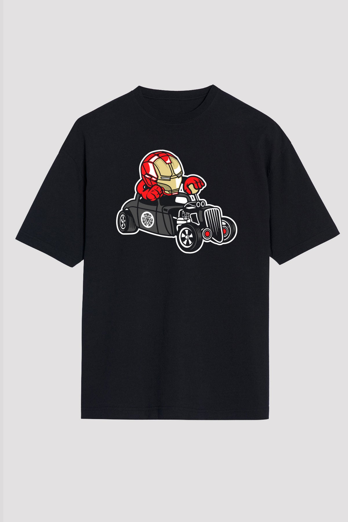 Iron Man Hotrod Baskılı Unisex Siyah Oversize Tişört