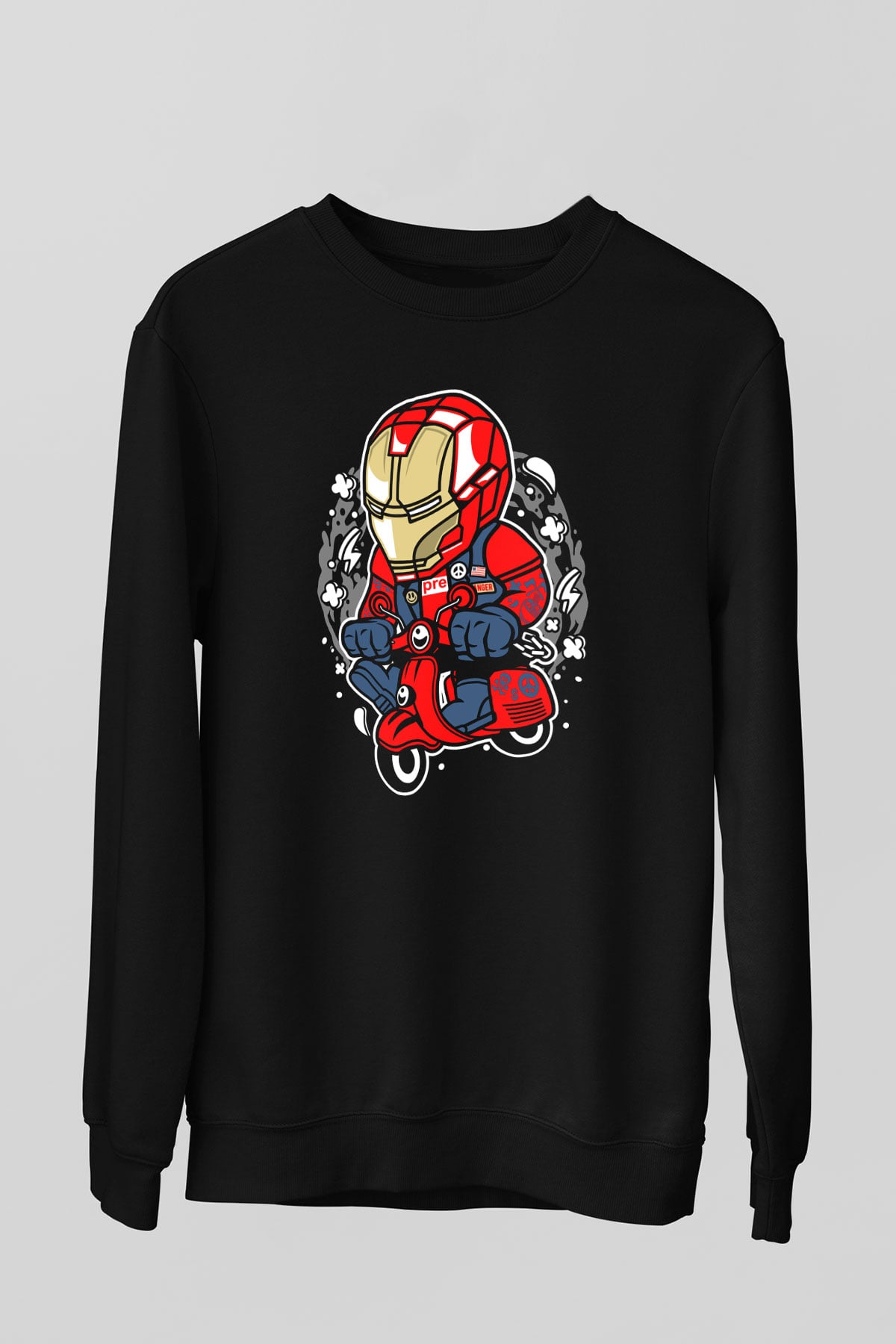 Iron Man Scooter Baskılı Unisex Siyah Sweatshirt