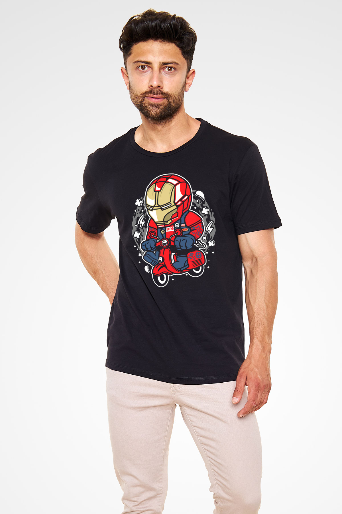 Iron Man Scooter Baskılı Unisex Siyah Tişört