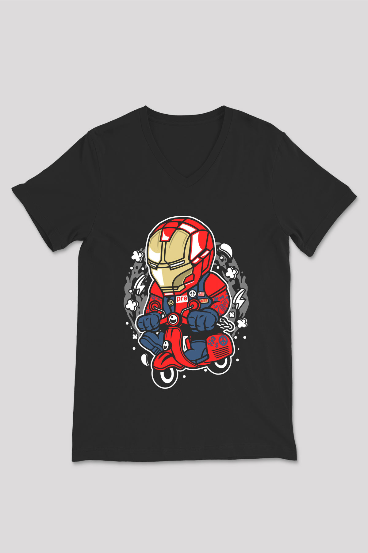 Iron Man Scooter Baskılı Unisex Siyah V Yaka Tişört