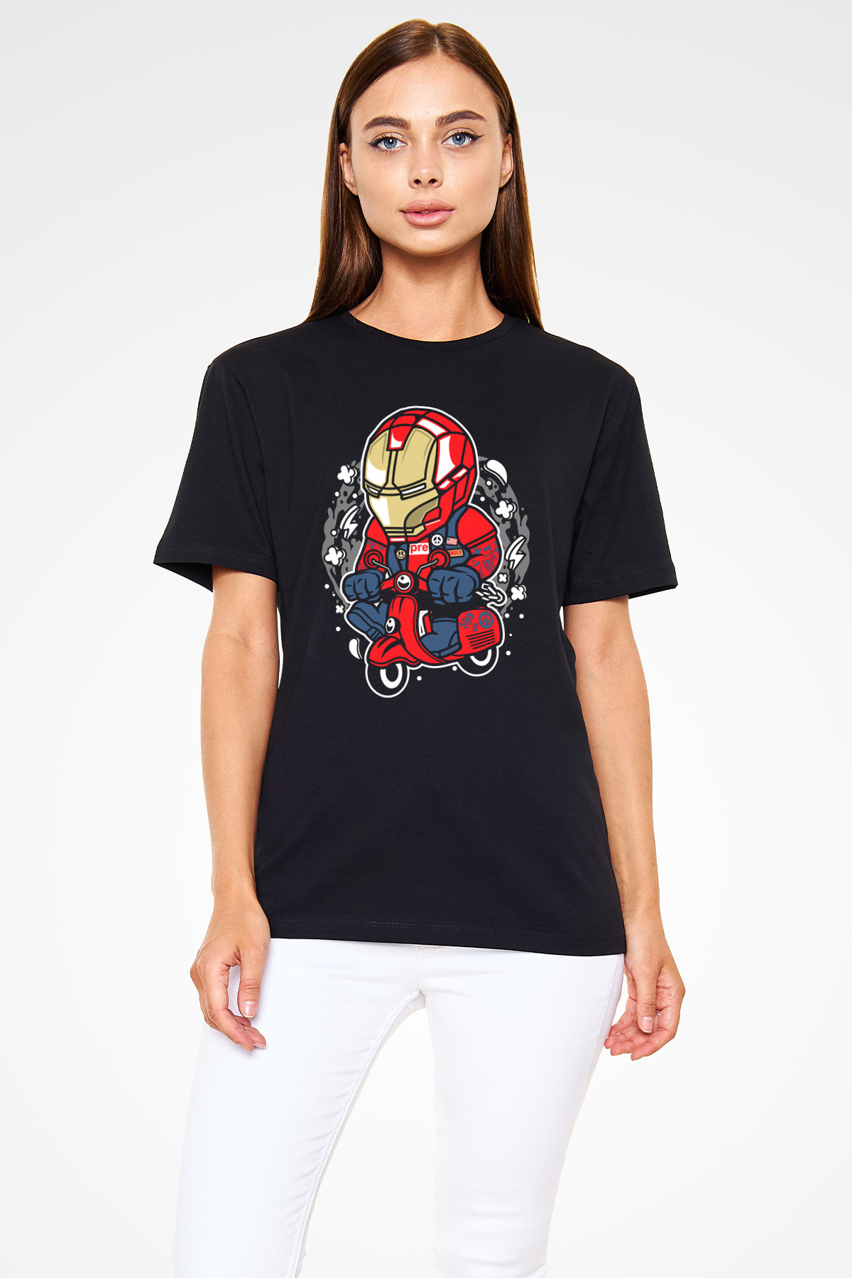 Iron Man Scooter Baskılı Unisex Siyah Tişört