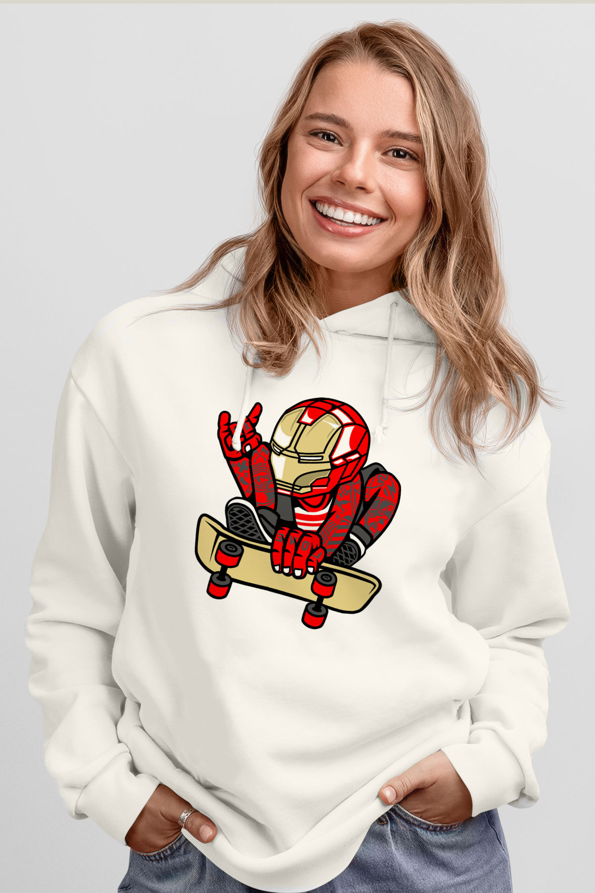 Iron Man Skateboard Baskılı Unisex Beyaz Hoodie