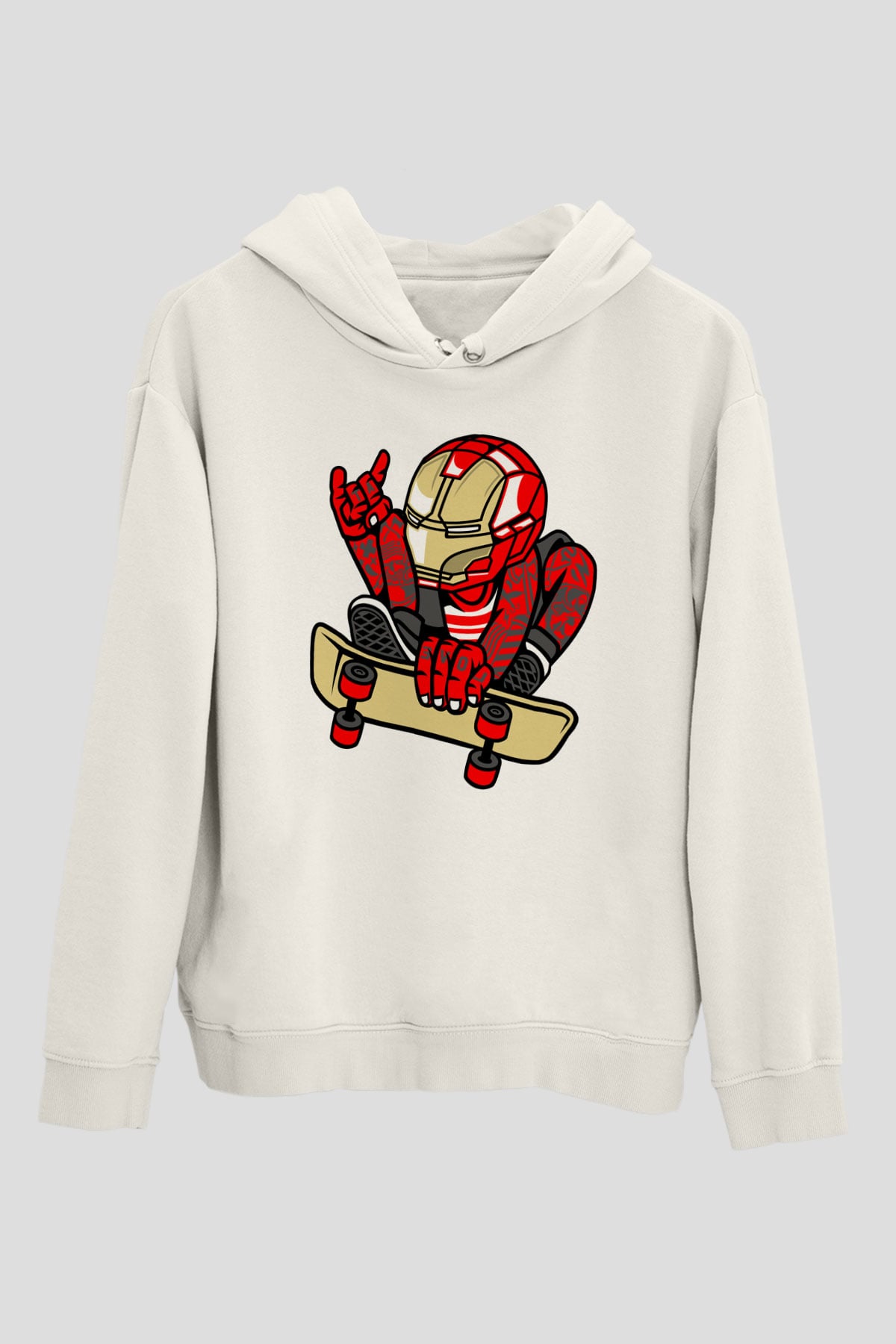 Iron Man Skateboard Baskılı Unisex Beyaz Hoodie