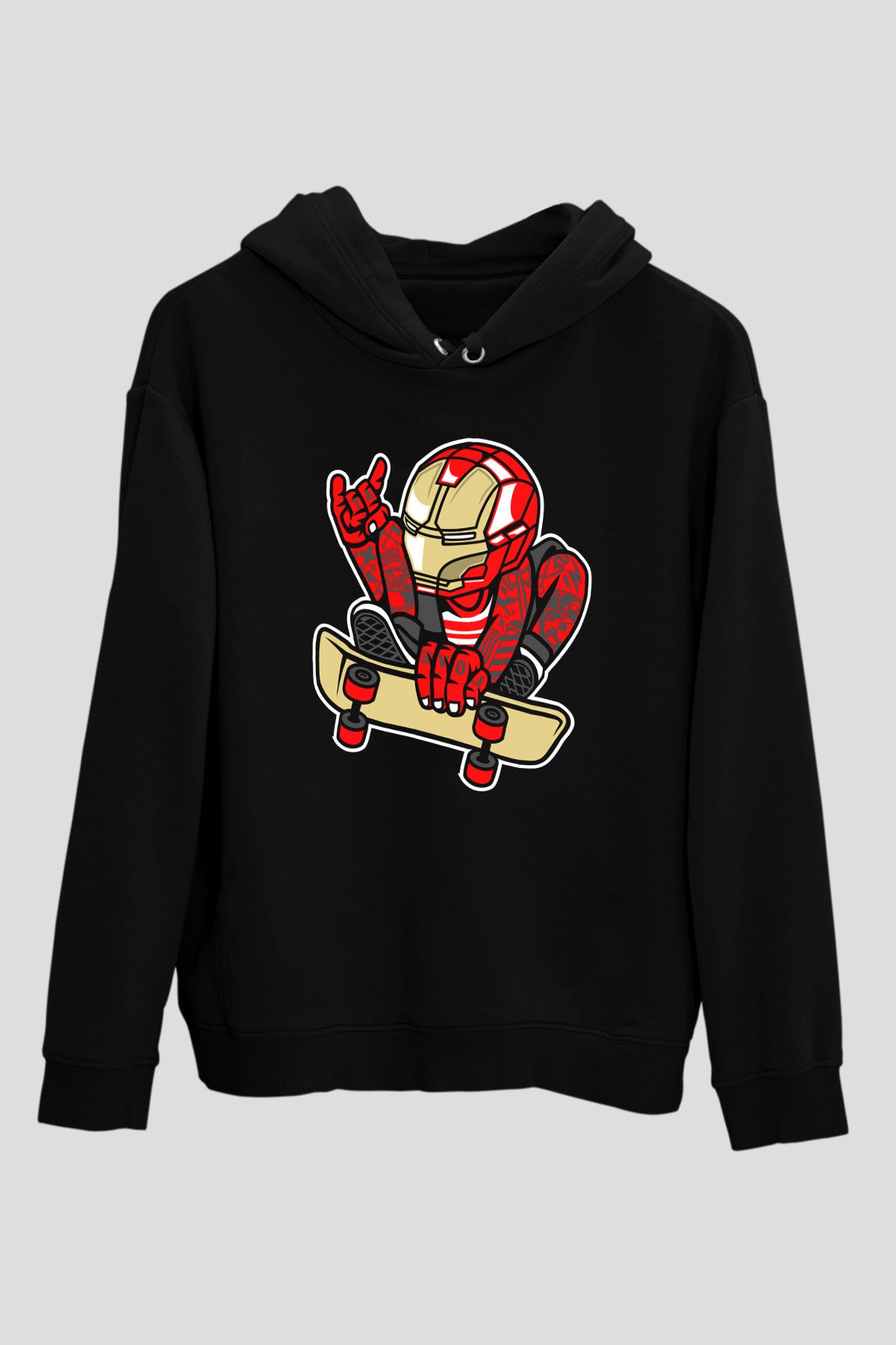 Iron Man Skateboard Baskılı Unisex Siyah Hoodie