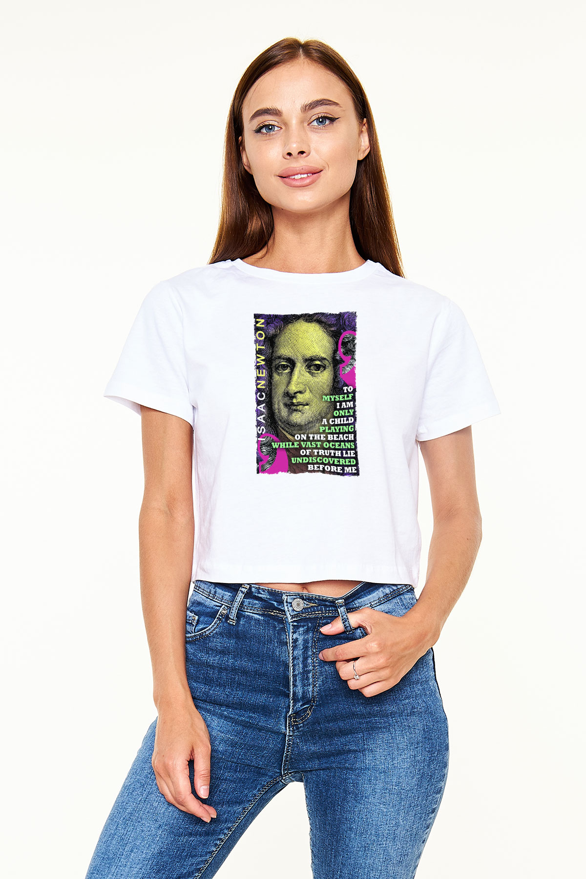 Isaac Newton Alıntı Baskılı Kadın Crop Top Beyaz Tişört