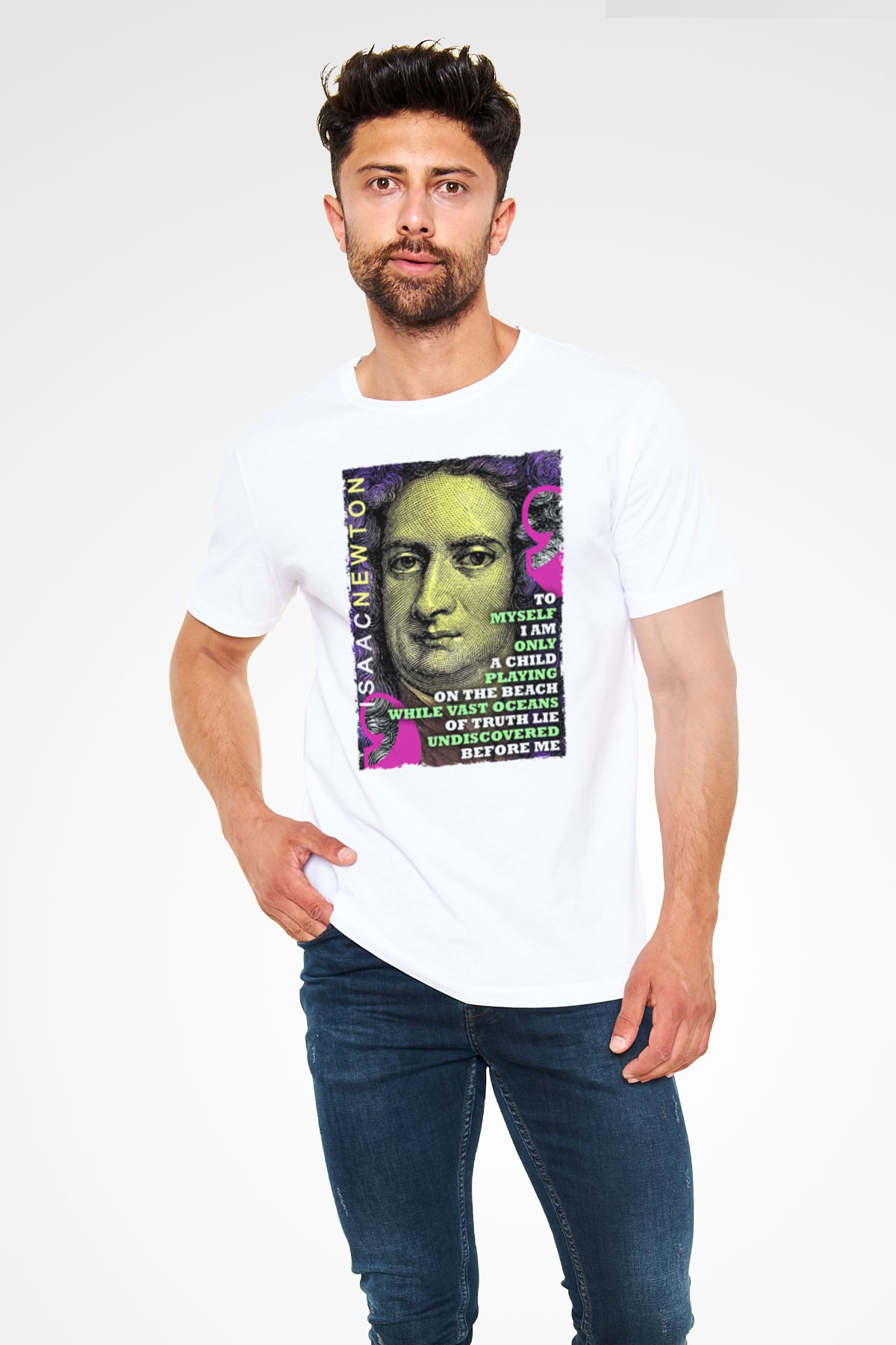 Isaac Newton Alıntı Baskılı Unisex Beyaz Tişört - Tshirt