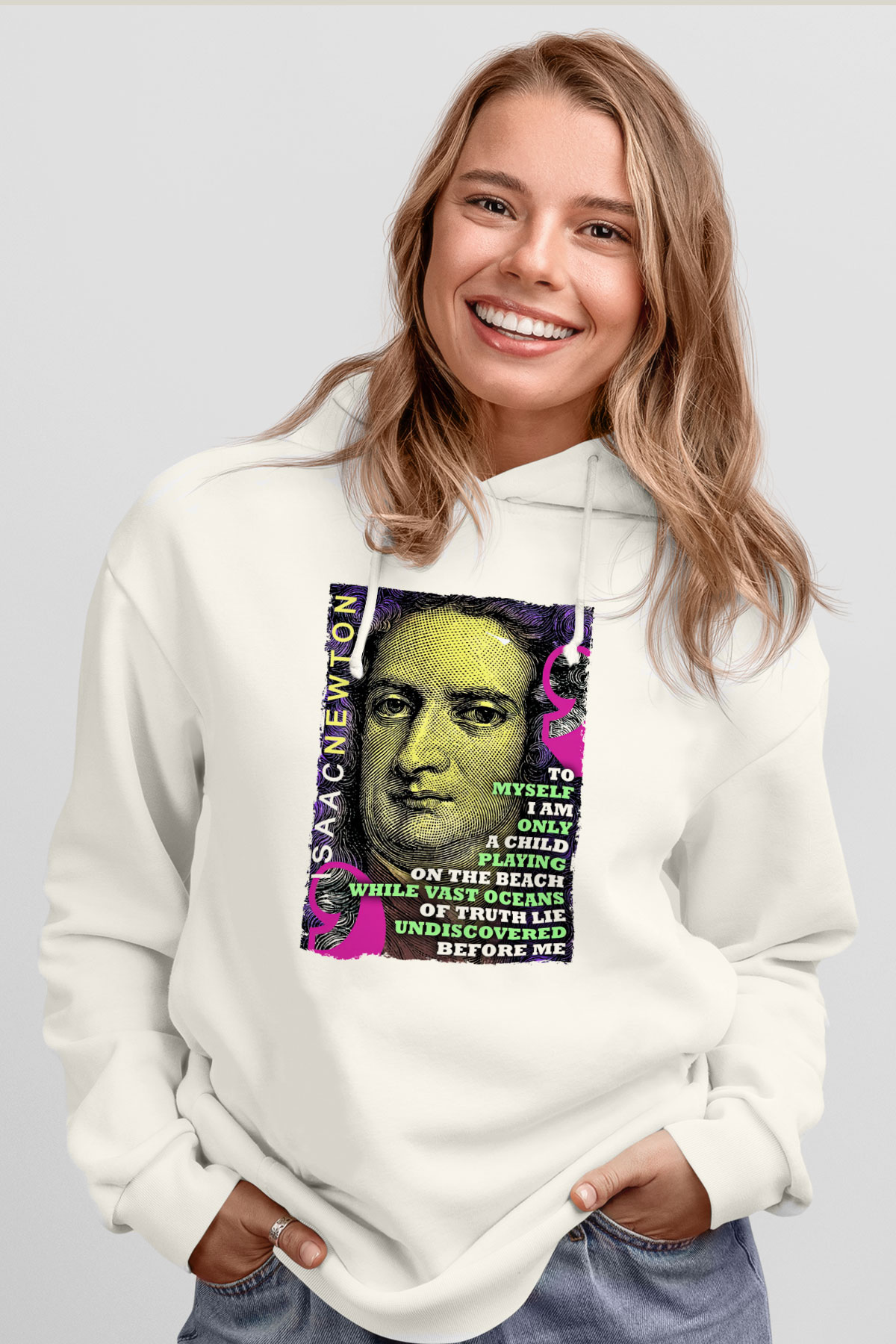 Isaac Newton Alıntı Baskılı Unisex Ekru Hoodie