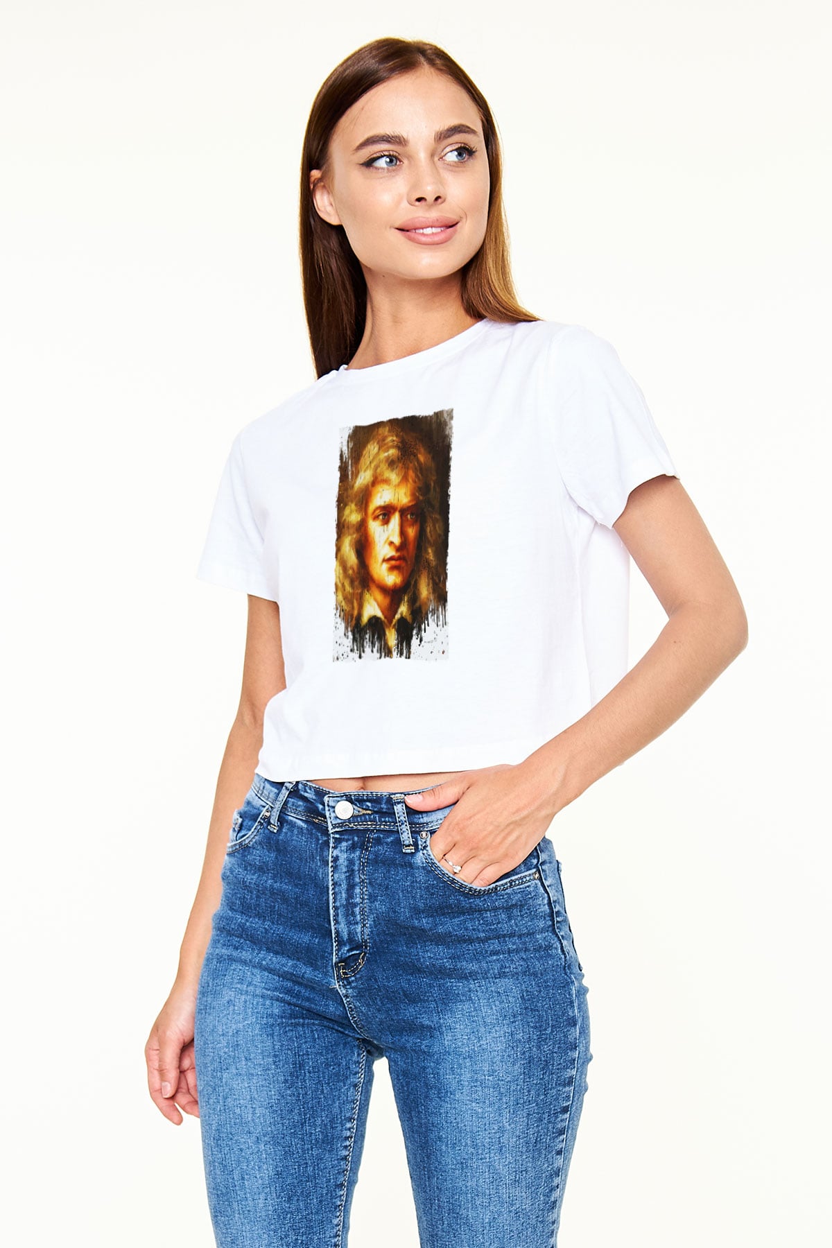 Isaac Newton Portre Baskılı Kadın Crop Top Beyaz Tişört