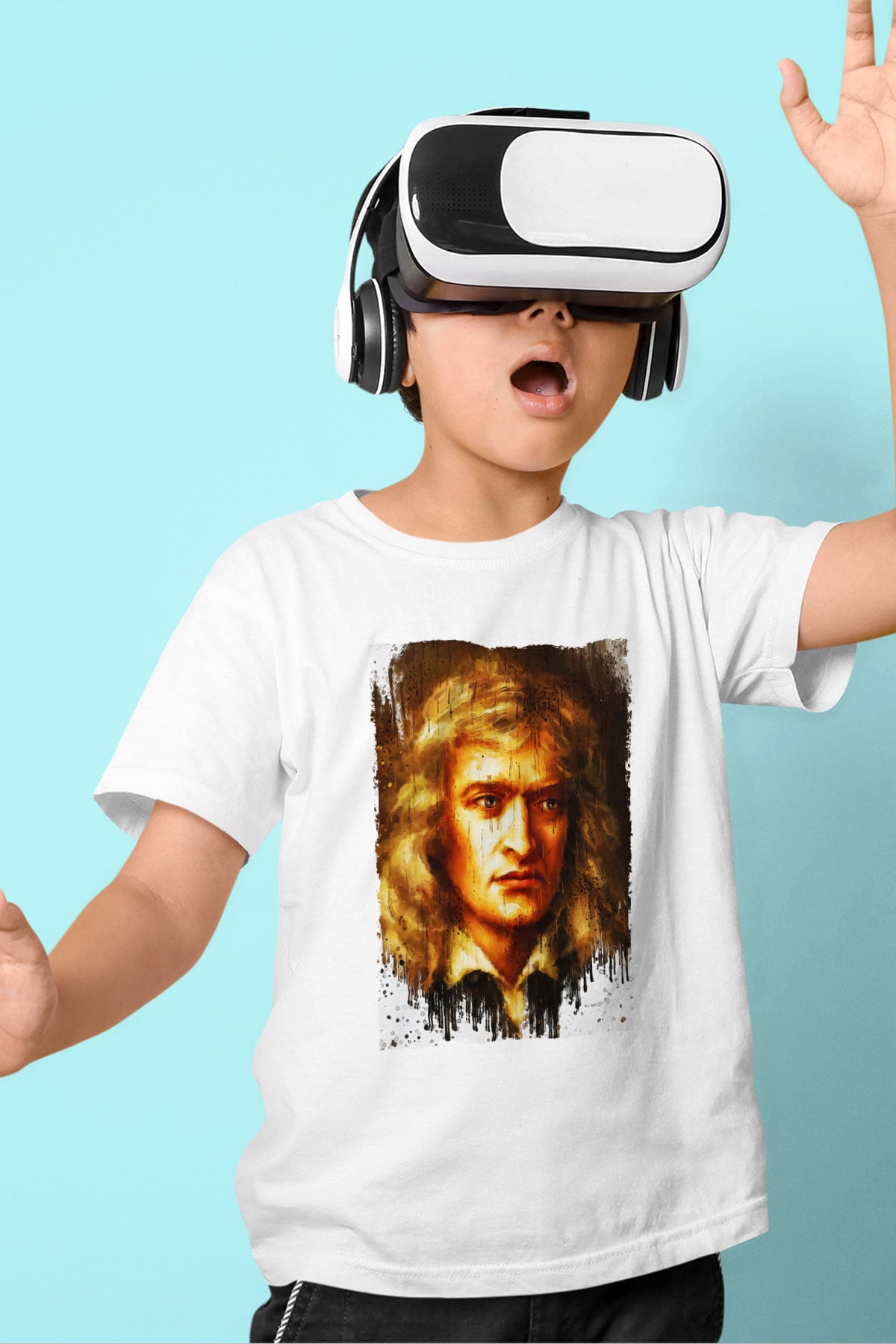 Isaac Newton Portre Baskılı Unisex Beyaz Çocuk Tişörtü - Tshirt