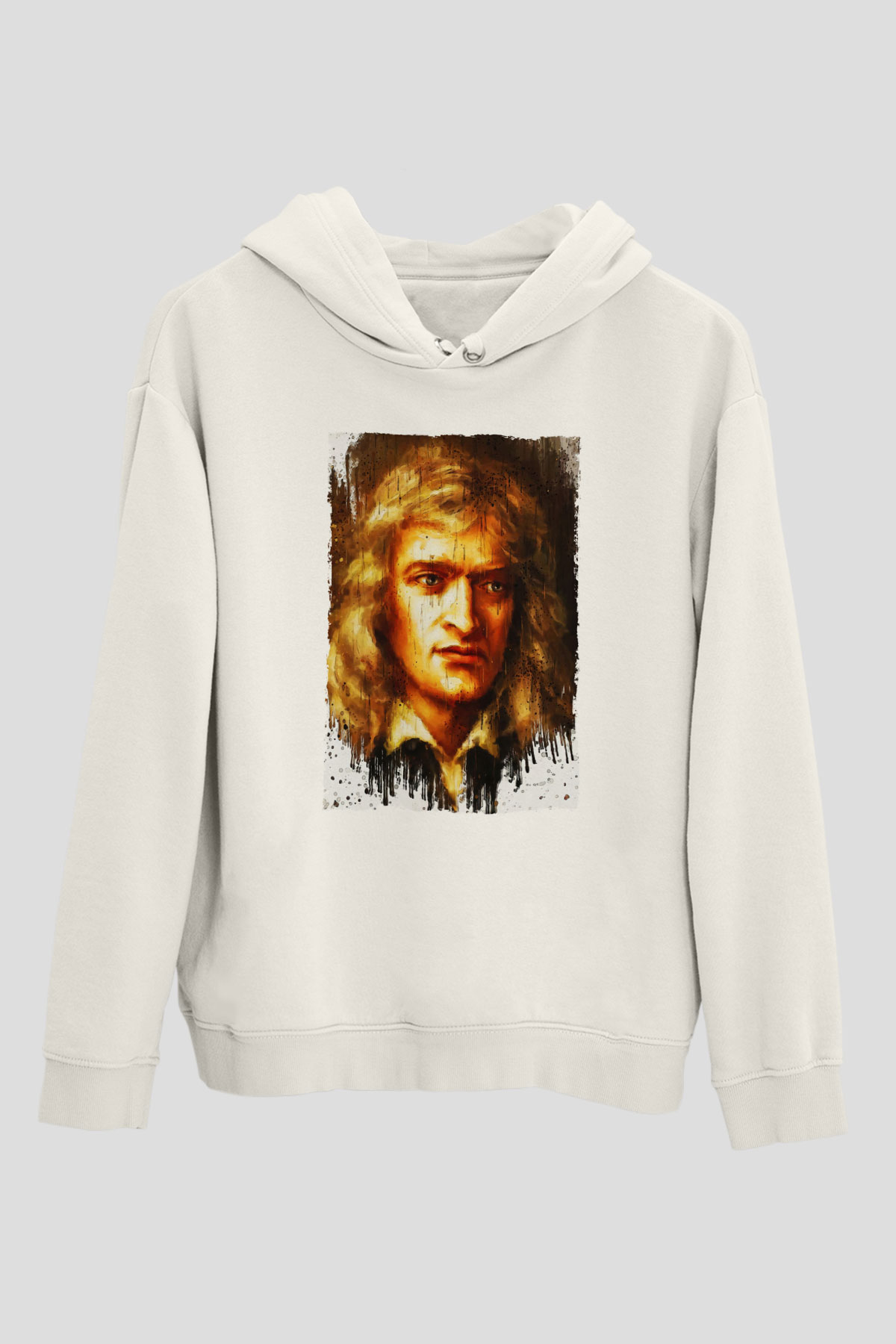 Isaac Newton Portre Baskılı Unisex Ekru Hoodie