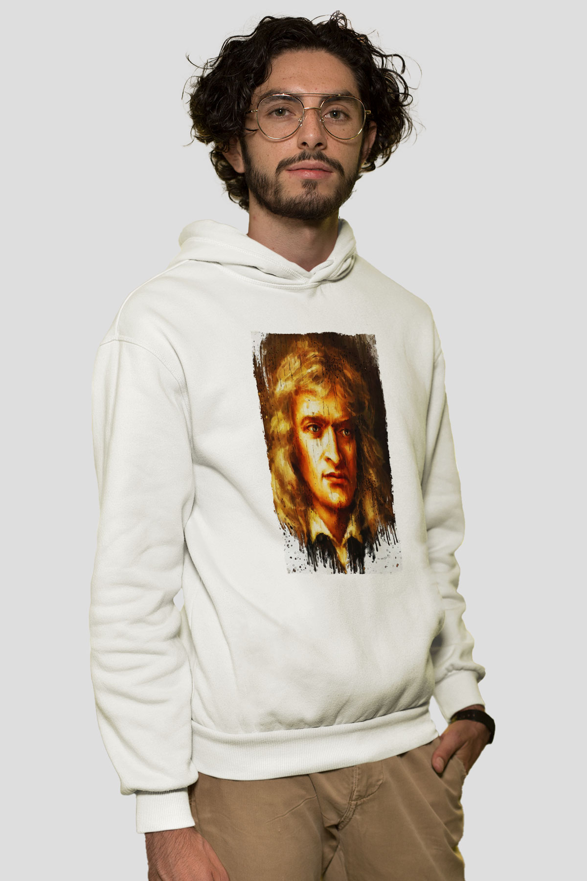 Isaac Newton Portre Baskılı Unisex Ekru Hoodie