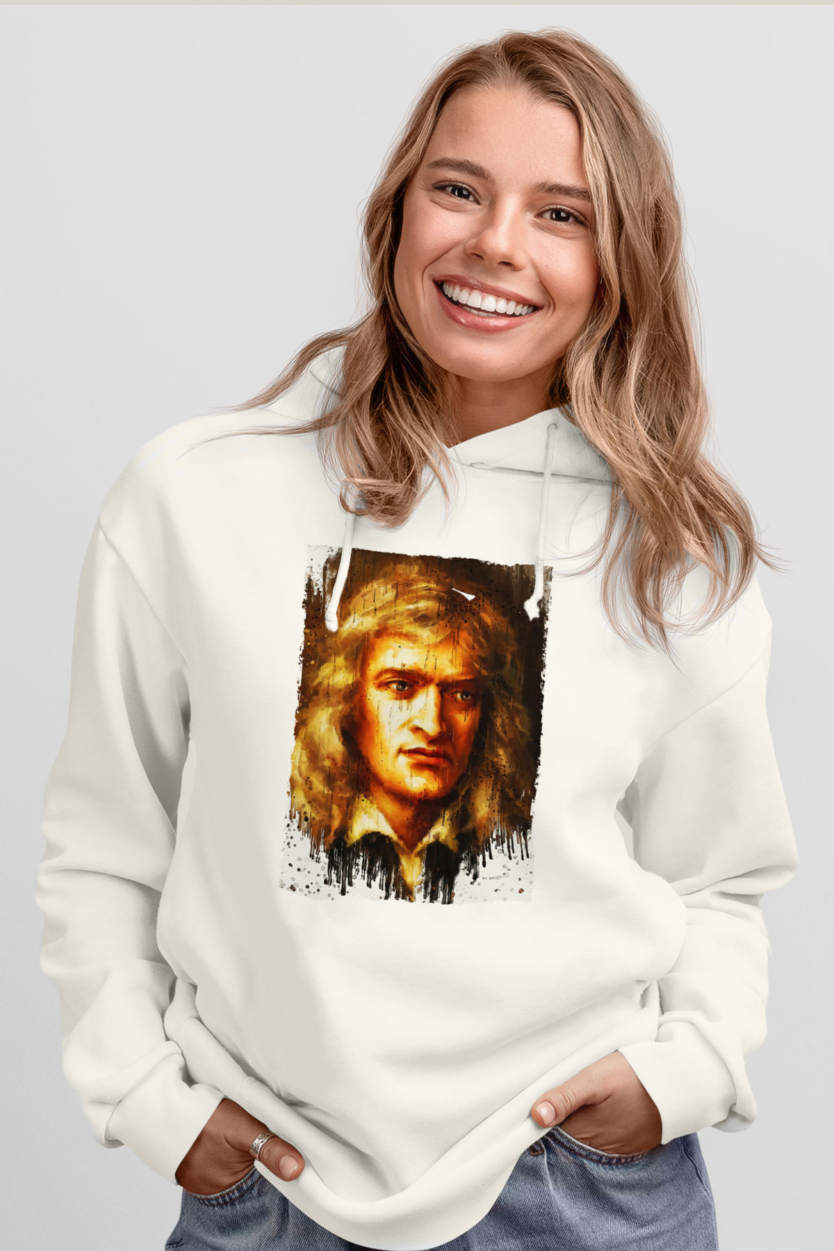Isaac Newton Portre Baskılı Unisex Ekru Hoodie