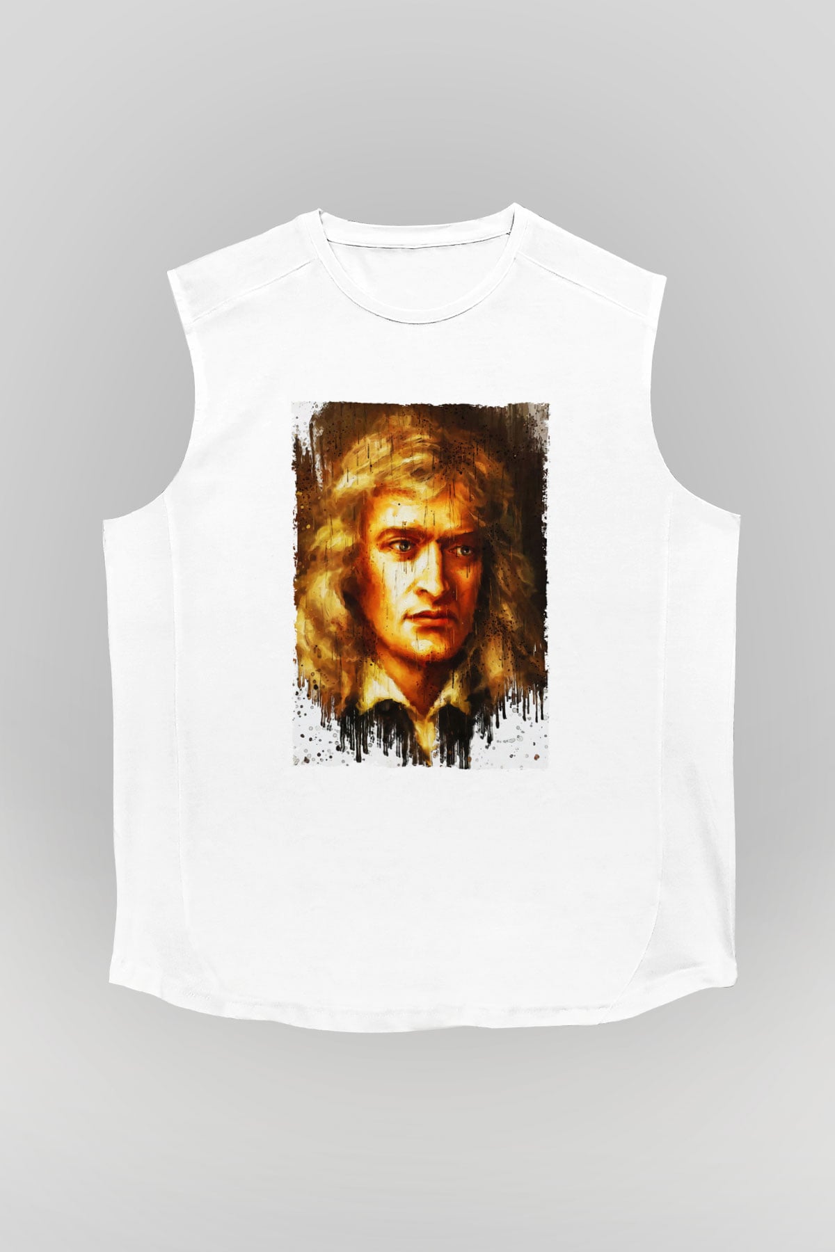 Isaac Newton Portre Baskılı Unisex Kolsuz Beyaz Tişört - Tshirt