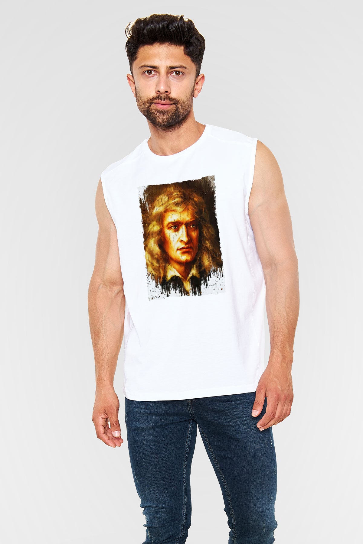 Isaac Newton Portre Baskılı Unisex Kolsuz Beyaz Tişört - Tshirt