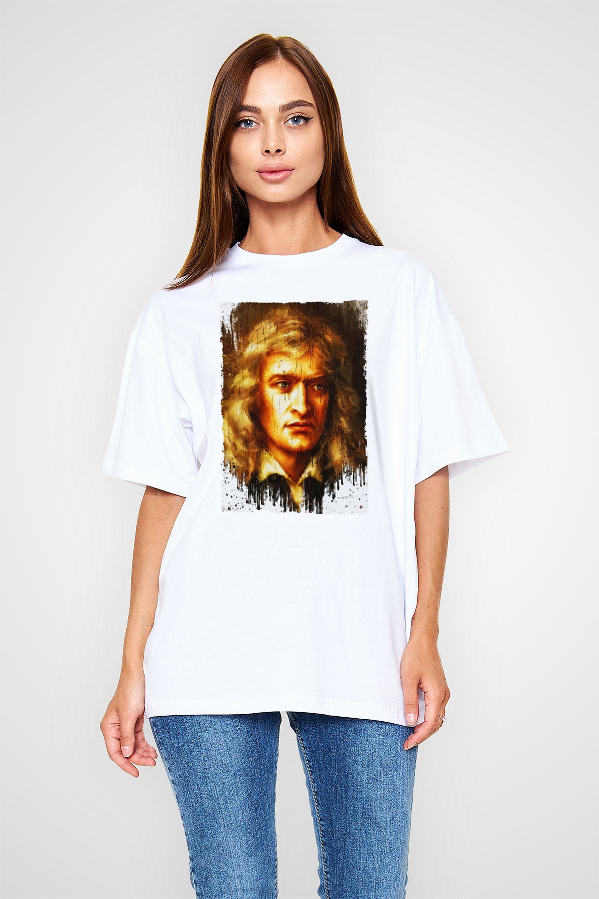 Isaac Newton Portre Baskılı Unisex Oversize Beyaz Tişört - Tshirt