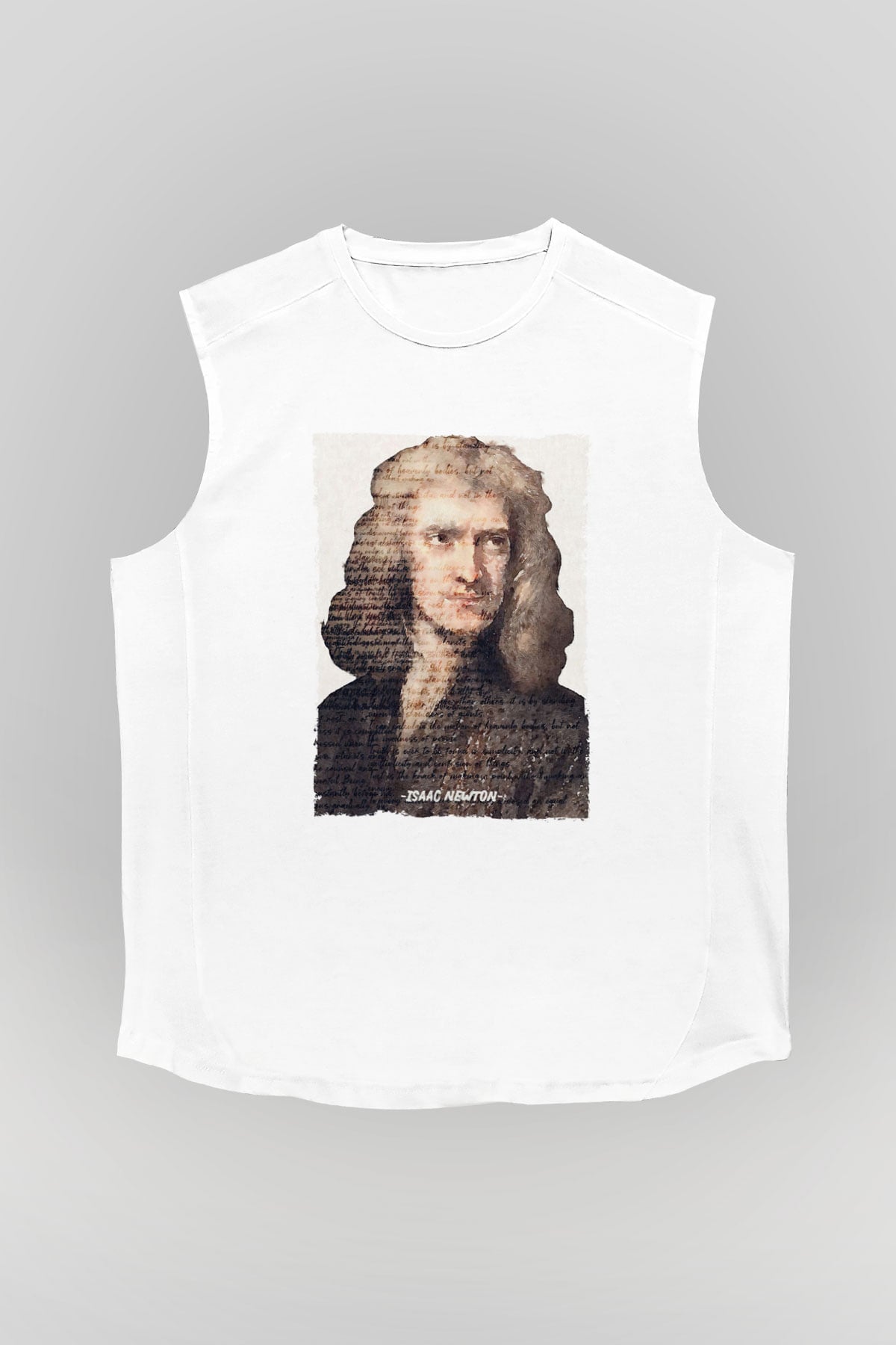 Isaac Newton Yazılı Portre Baskılı Unisex Kolsuz Beyaz Tişört - Tshirt