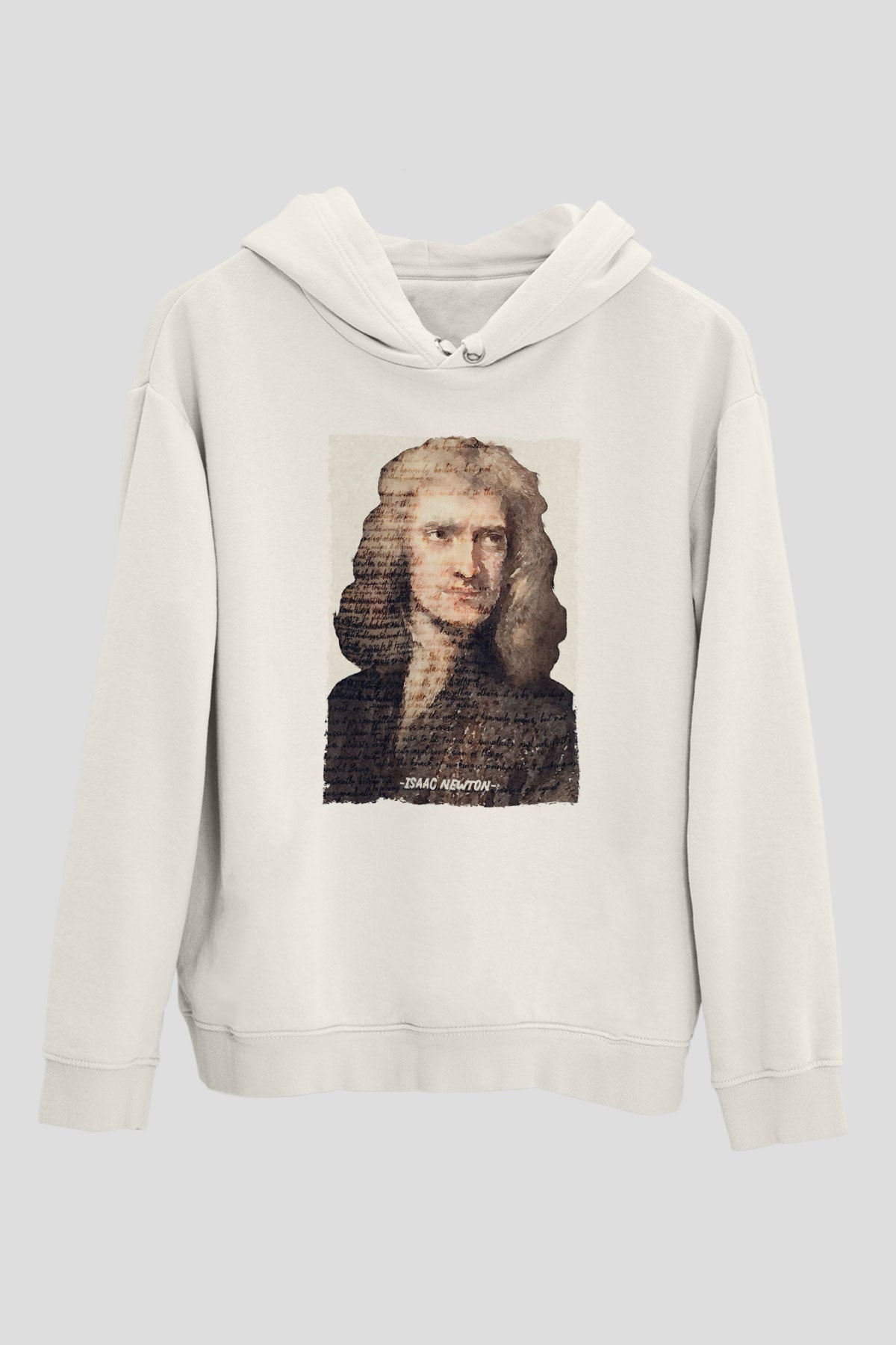 Isaac Newton Yazılı Portre Baskılı Unisex Ekru Hoodie