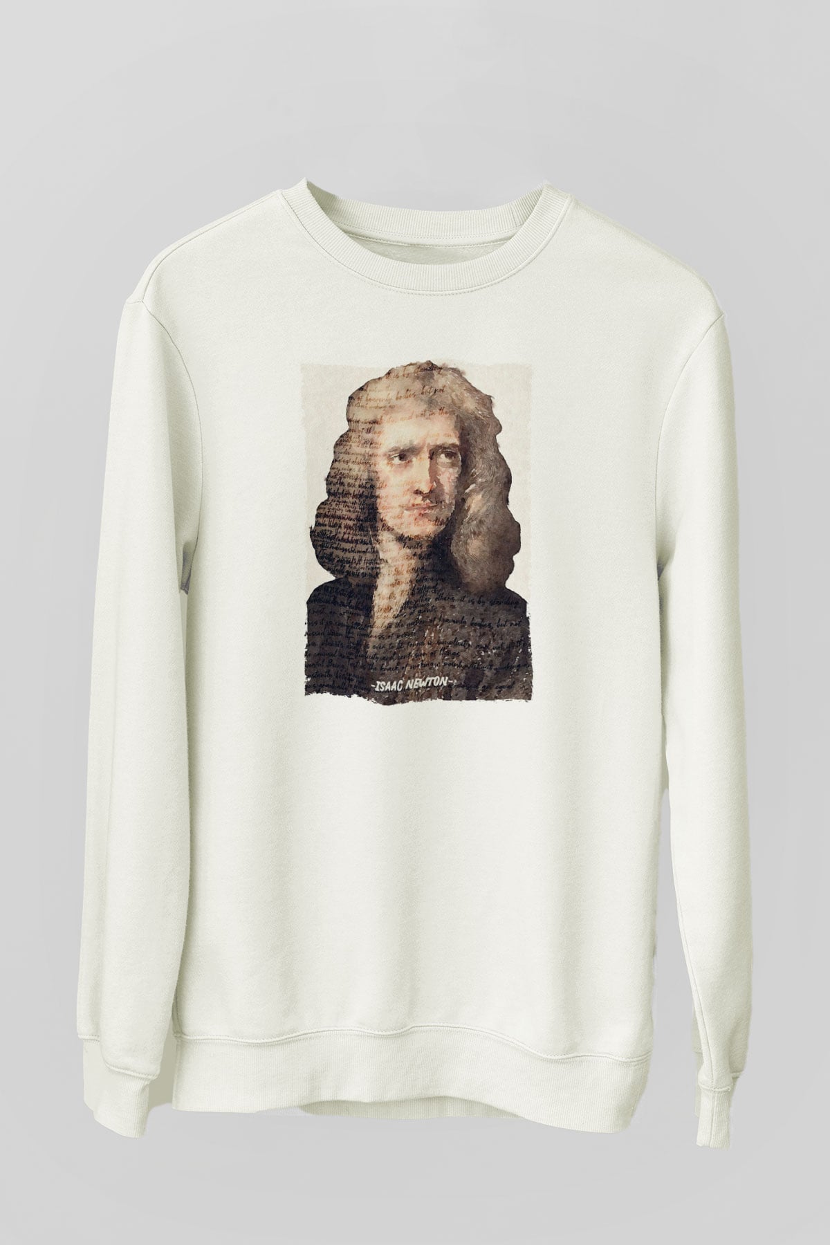Isaac Newton Yazılı Portre Baskılı Unisex Ekru Sweatshirt