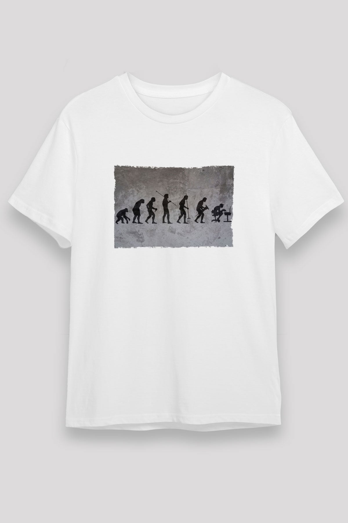 İşe Evrim Baskılı Unisex Beyaz Tişört - Tshirt
