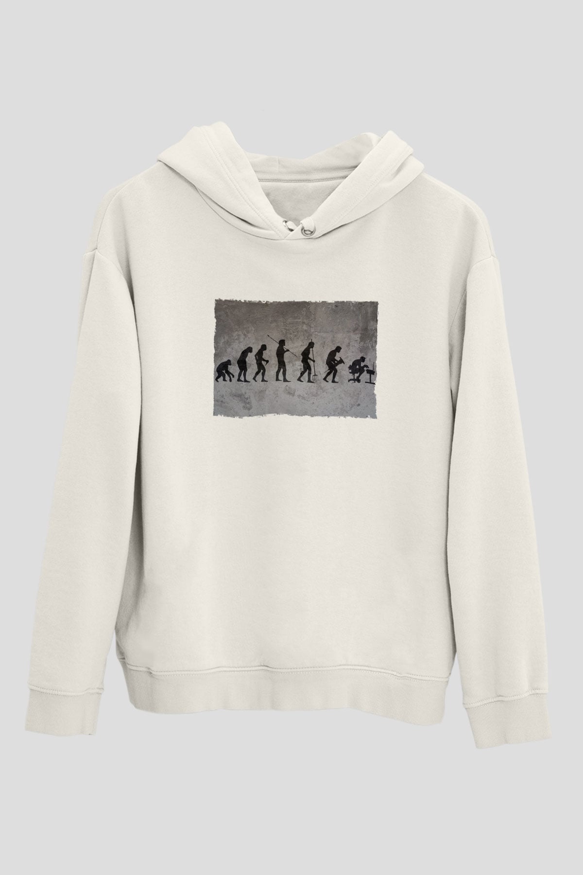 İşe Evrim Baskılı Unisex Ekru Hoodie