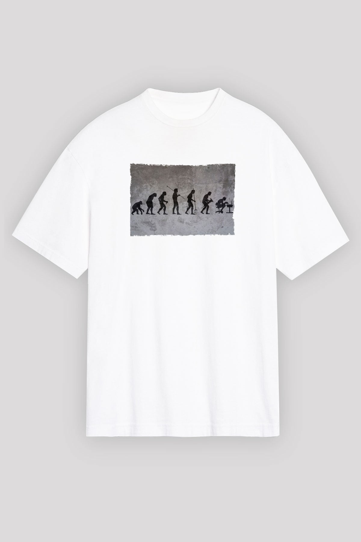 İşe Evrim Baskılı Unisex Oversize Beyaz Tişört - Tshirt