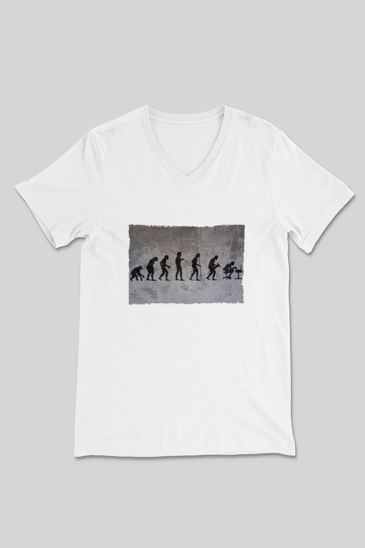 İşe Evrim Baskılı Unisex V Yaka Beyaz Tişört - Tshirt