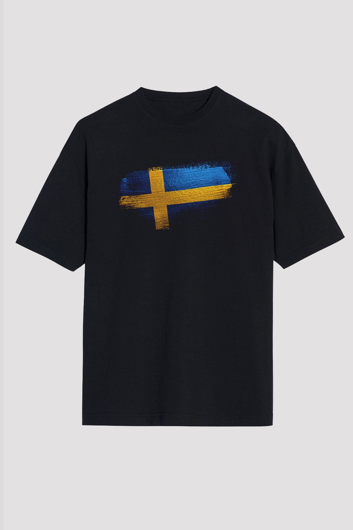 İsveç - Sweden Bayrağı Baskılı Unisex Siyah Oversize Tişört