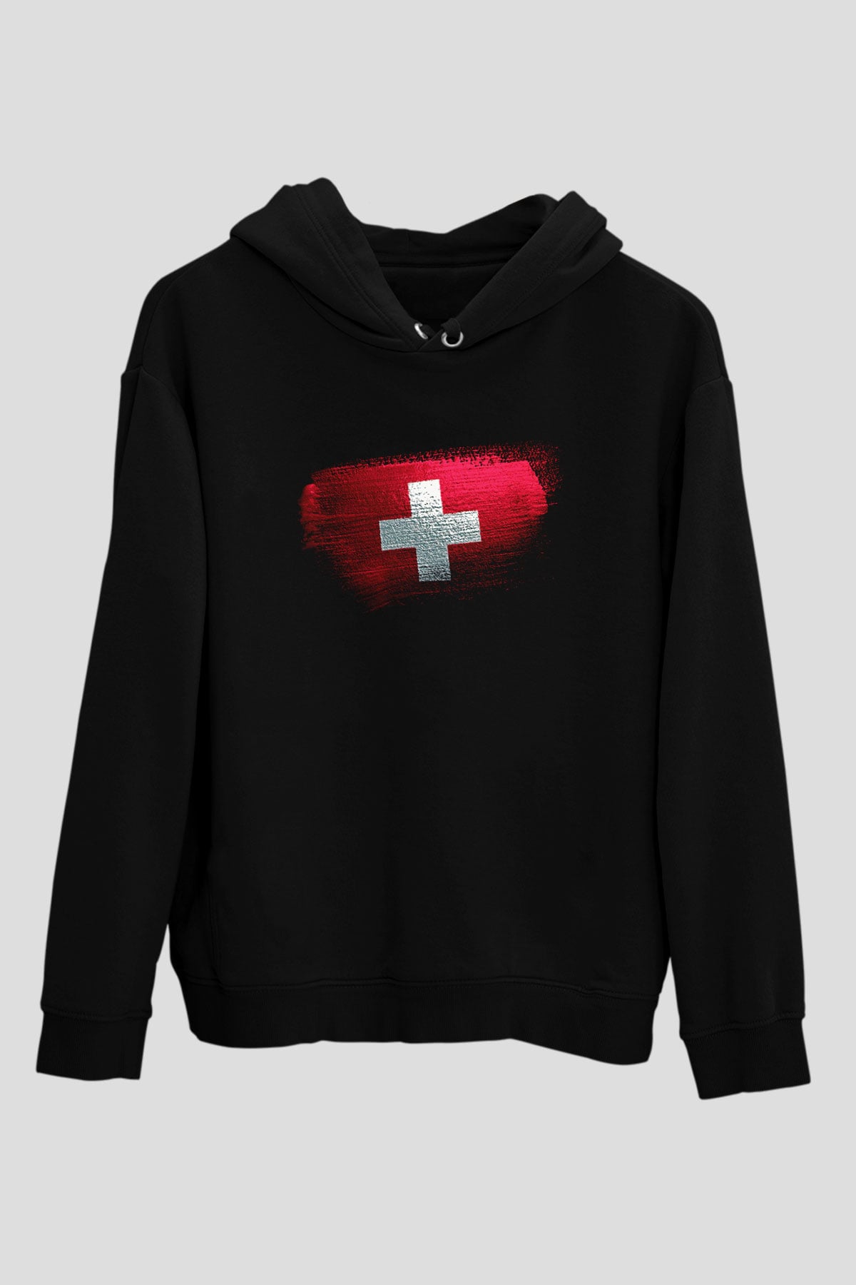 İsviçre - Switzerland Bayrağı Baskılı Unisex Siyah Hoodie