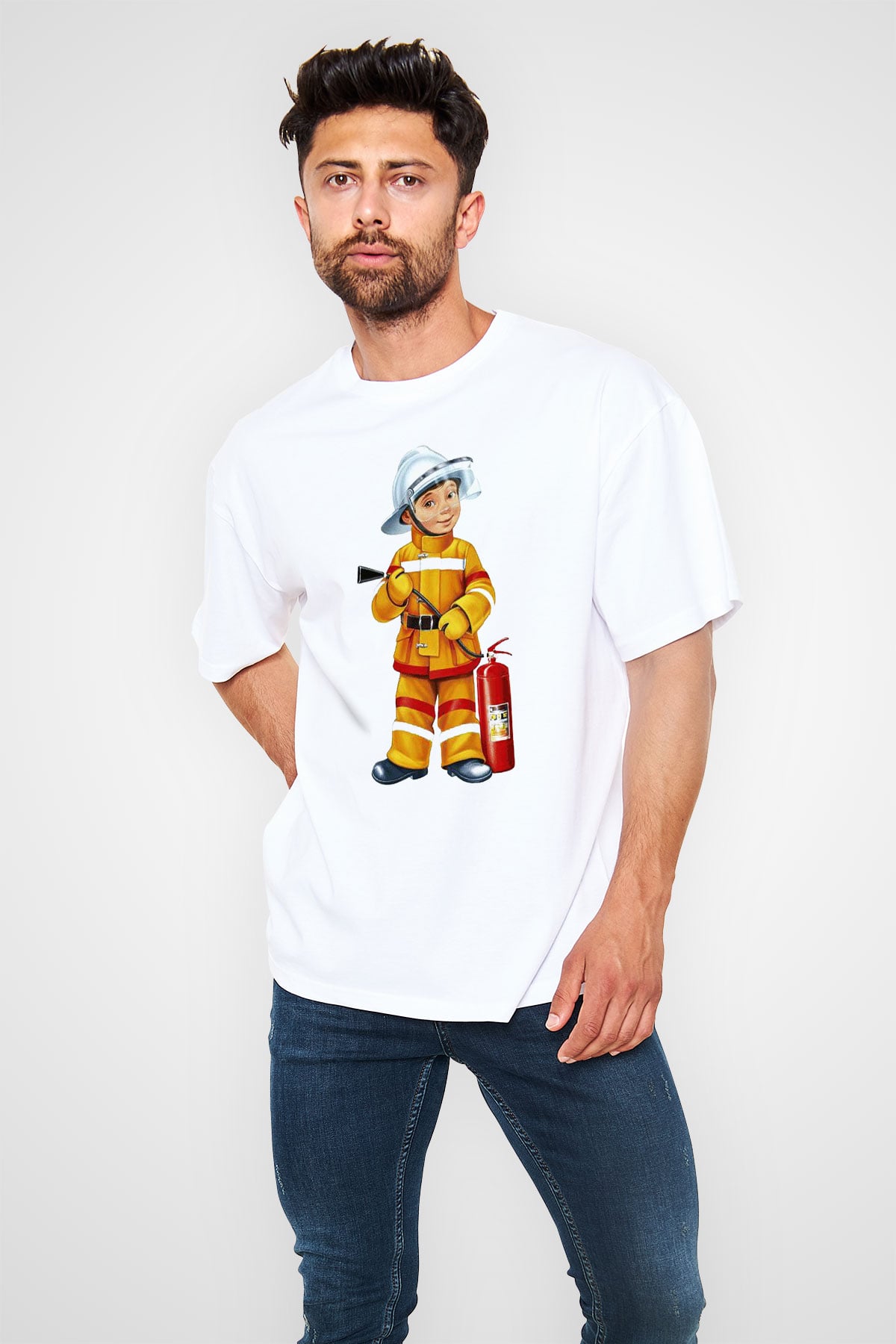 İtfaiyeci Beyaz Unisex Oversize Tişört T-Shirt