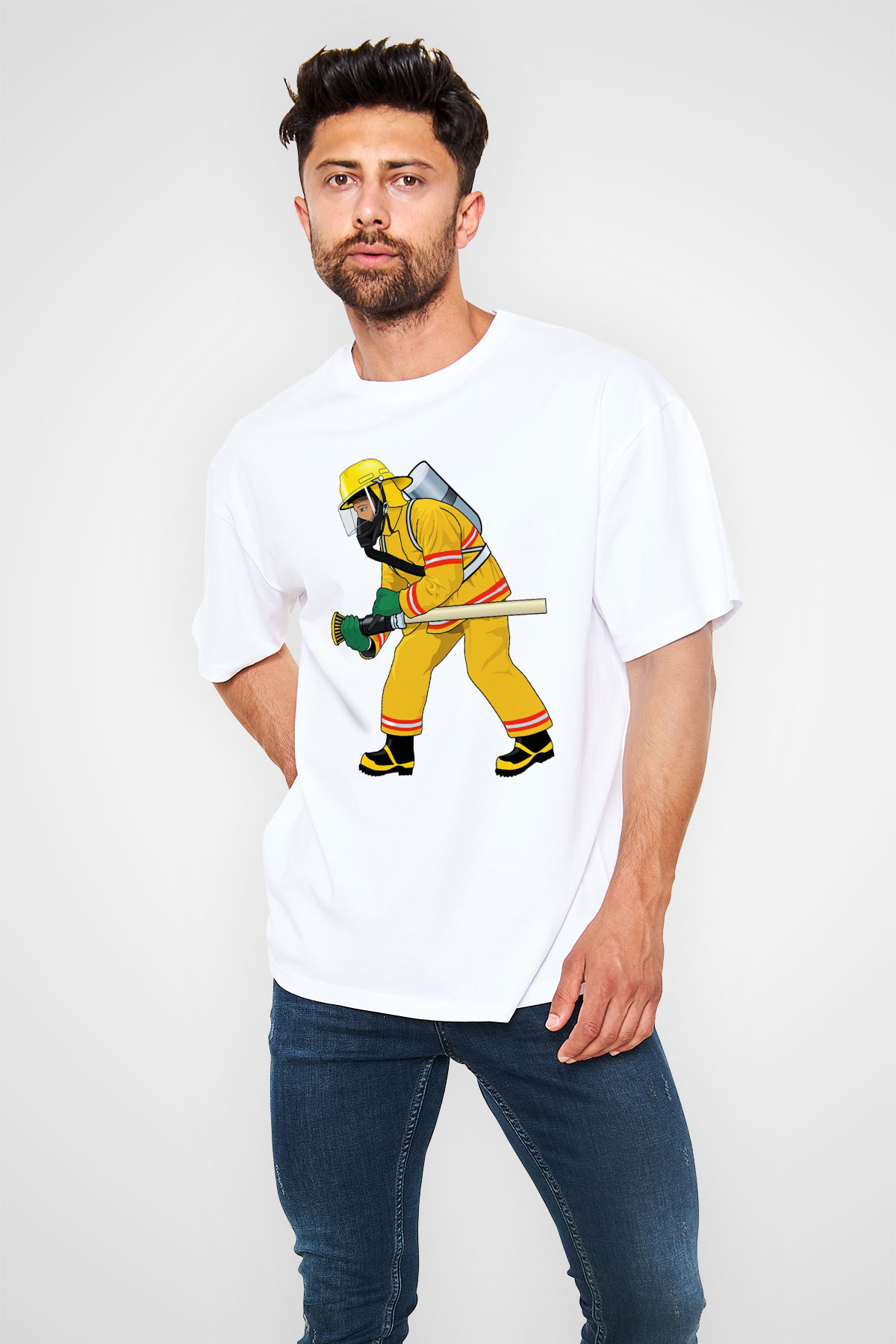 İtfaiyeci Beyaz Unisex Oversize Tişört T-Shirt