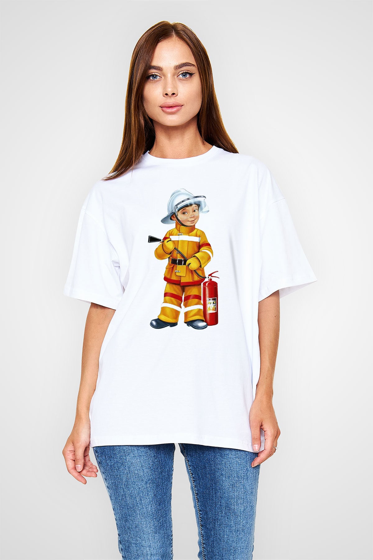 İtfaiyeci Beyaz Unisex Oversize Tişört T-Shirt