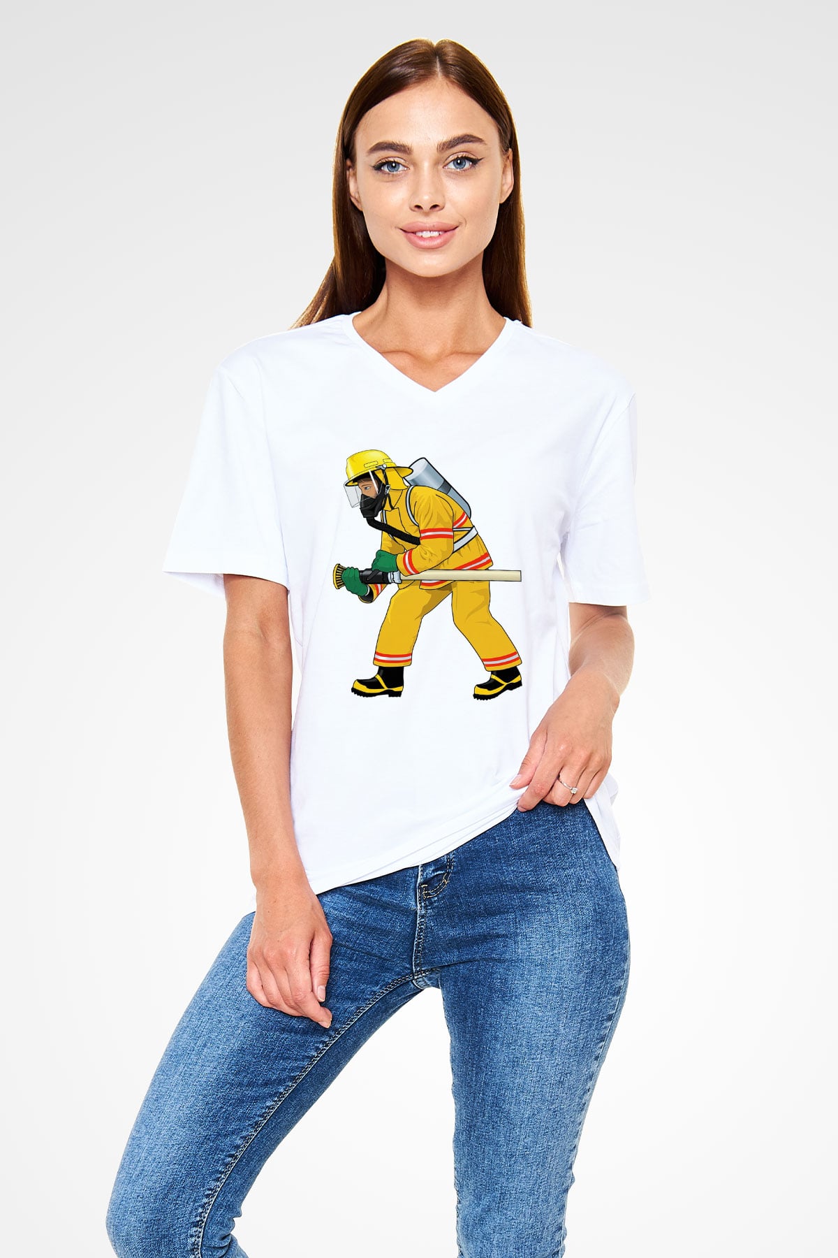 İtfaiyeci Beyaz Unisex V Yaka Tişört T-Shirt