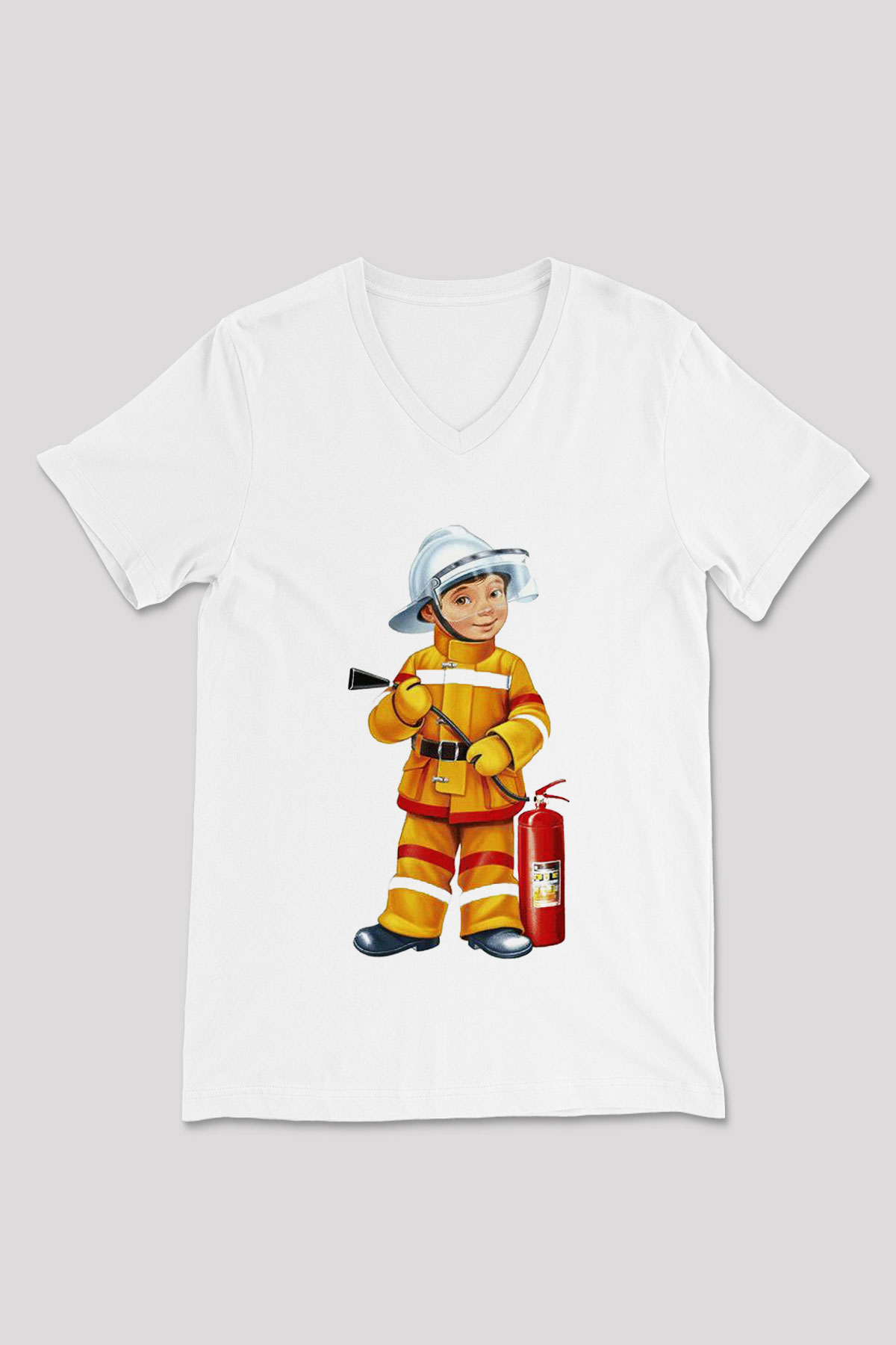 İtfaiyeci Beyaz Unisex V Yaka Tişört T-Shirt