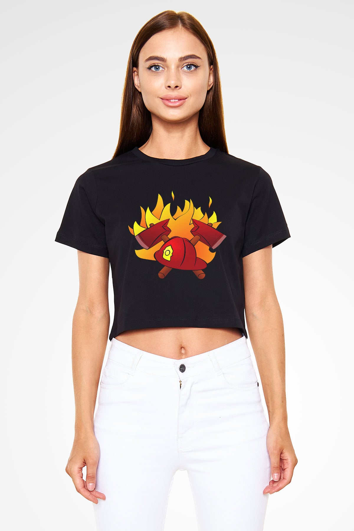 İtfaiyeci Siyah Crop Top Tişört