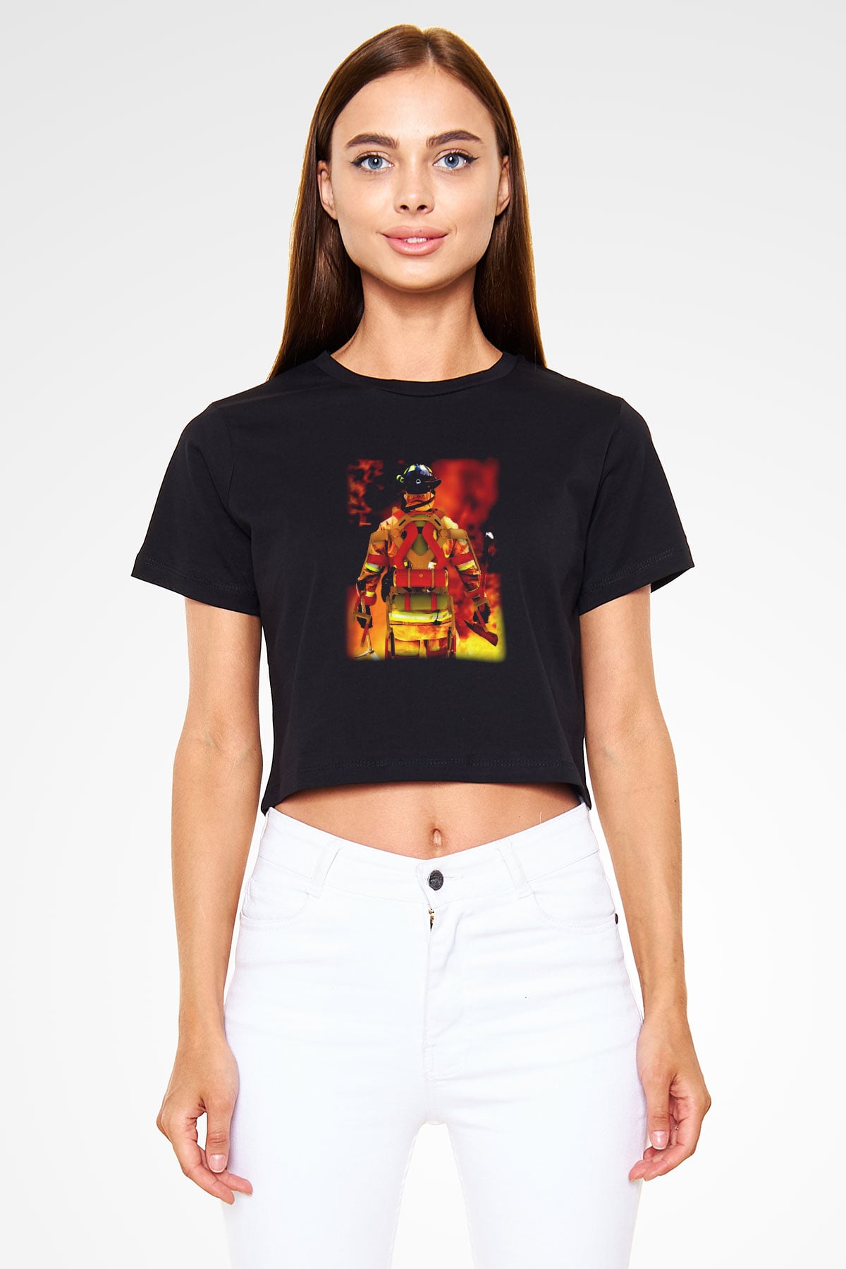 İtfaiyeci Siyah Crop Top Tişört