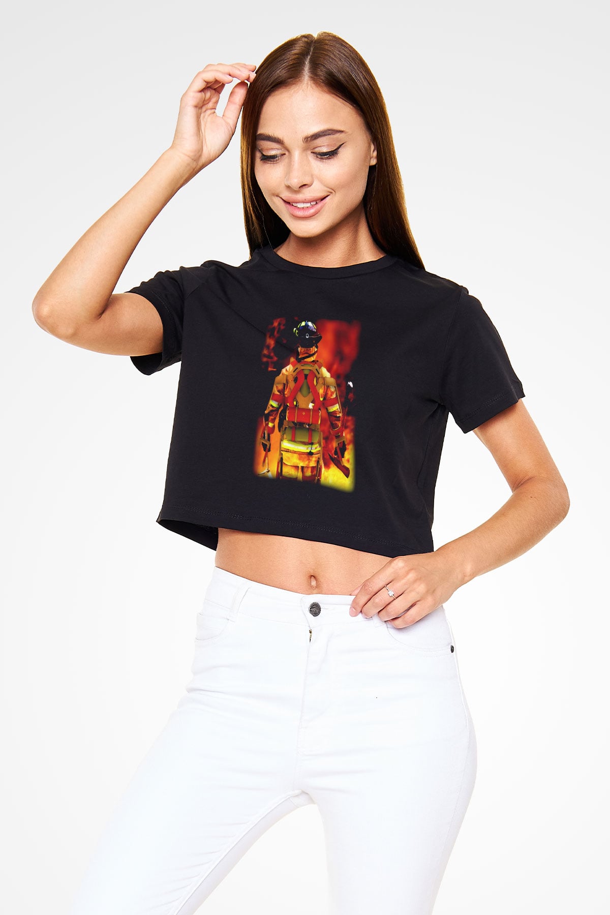 İtfaiyeci Siyah Crop Top Tişört