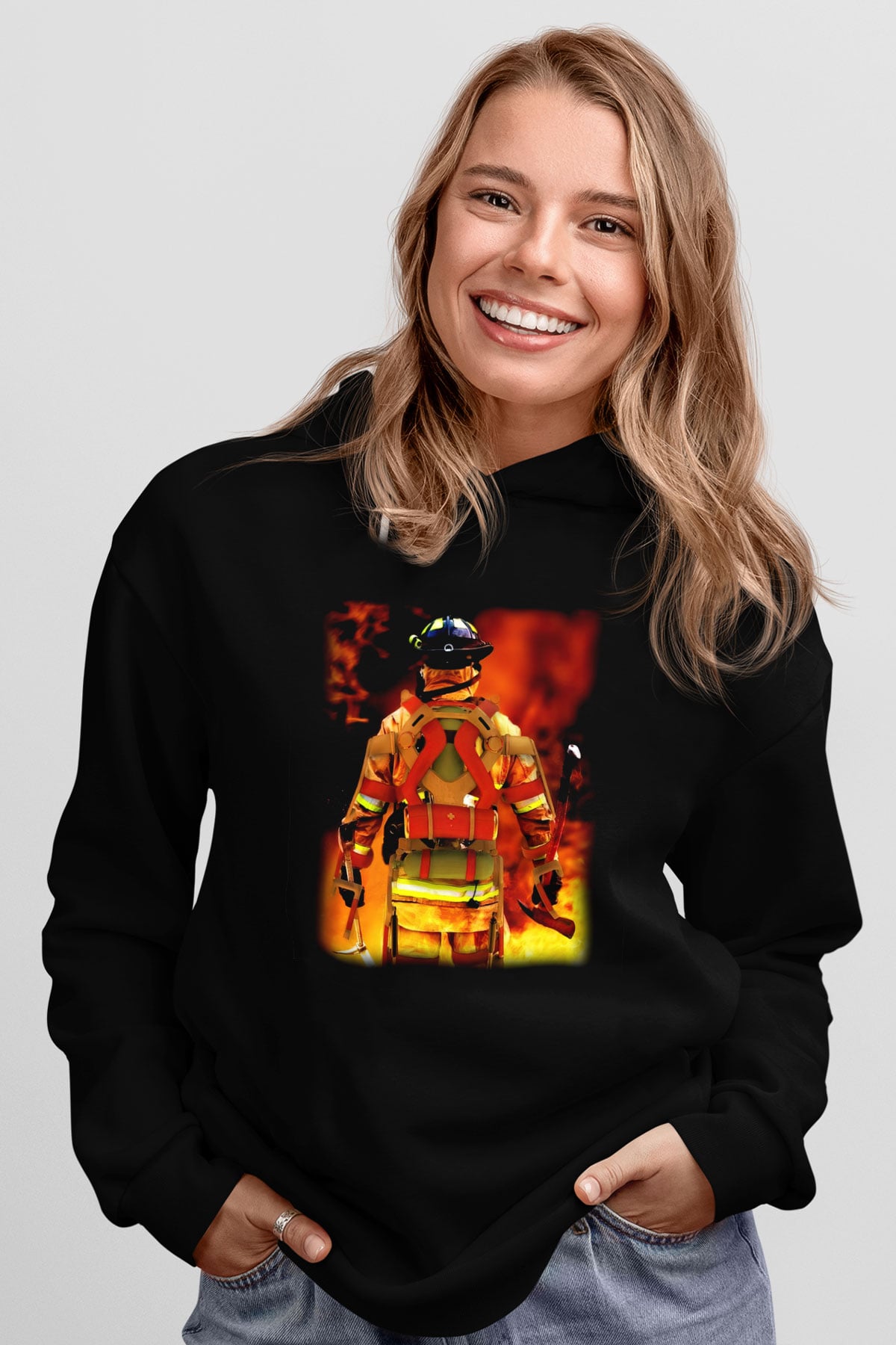 İtfaiyeci Siyah Unisex Kapşonlu Sweatshirt