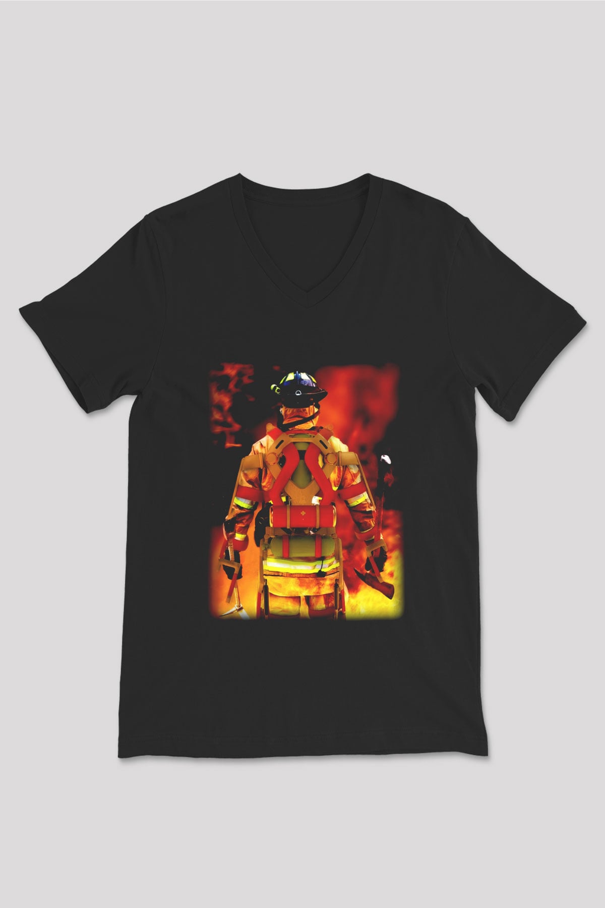 İtfaiyeci Siyah Unisex V Yaka Tişört T-Shirt